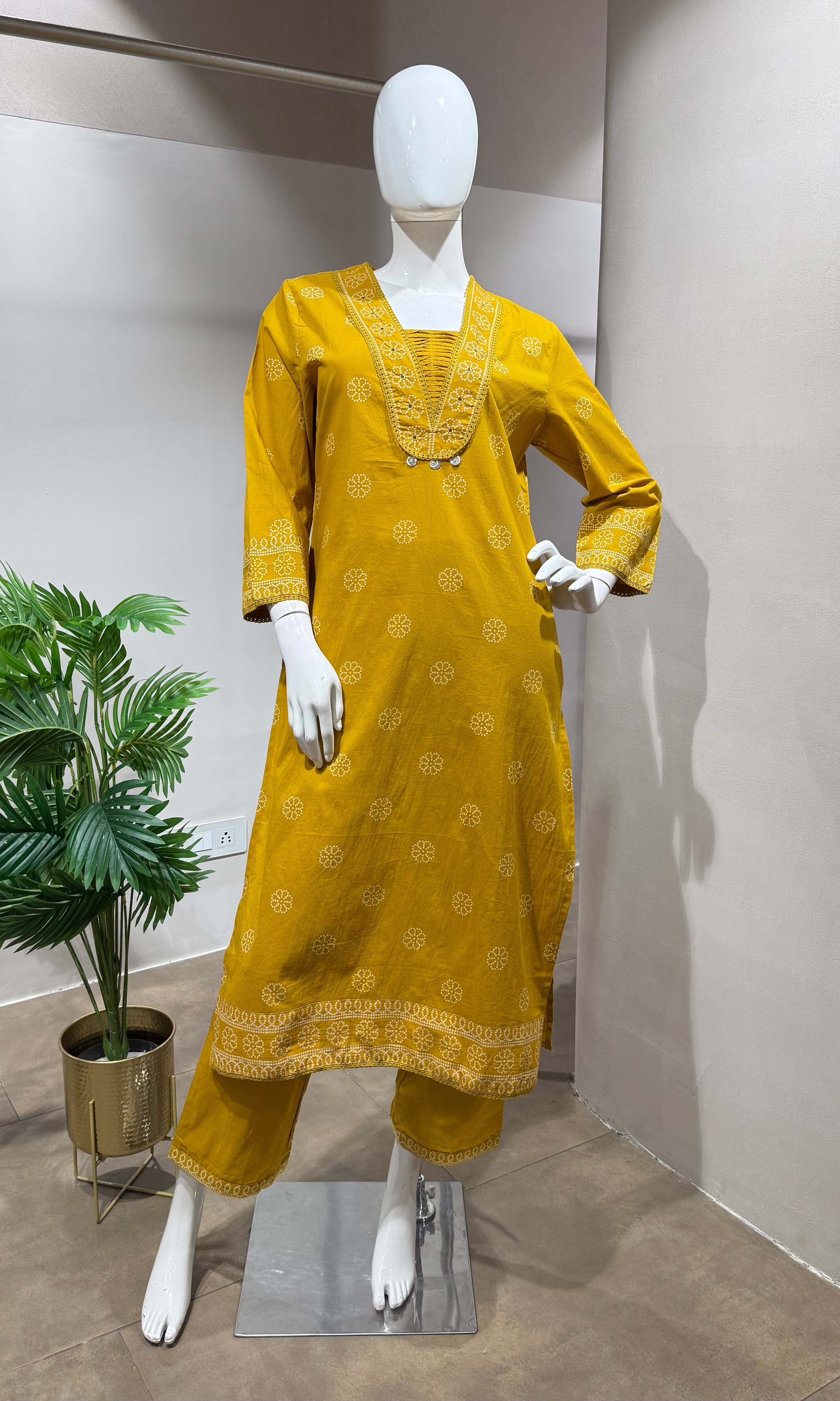 mustard yellow embroidered kurta set