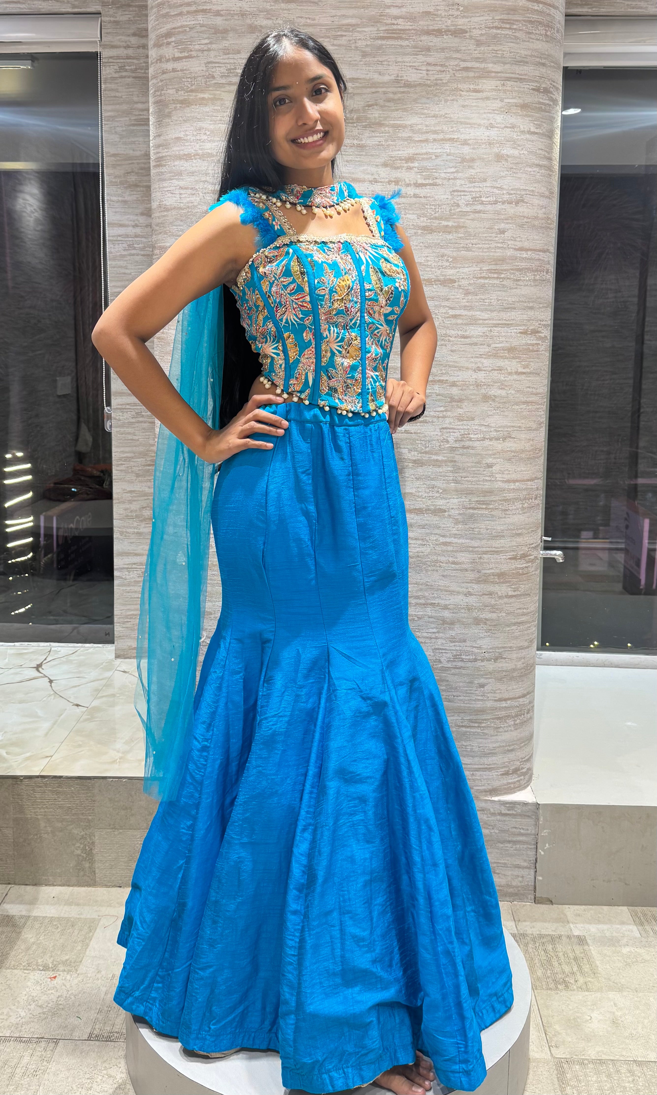 Blue embroidered corset blouse lehenga