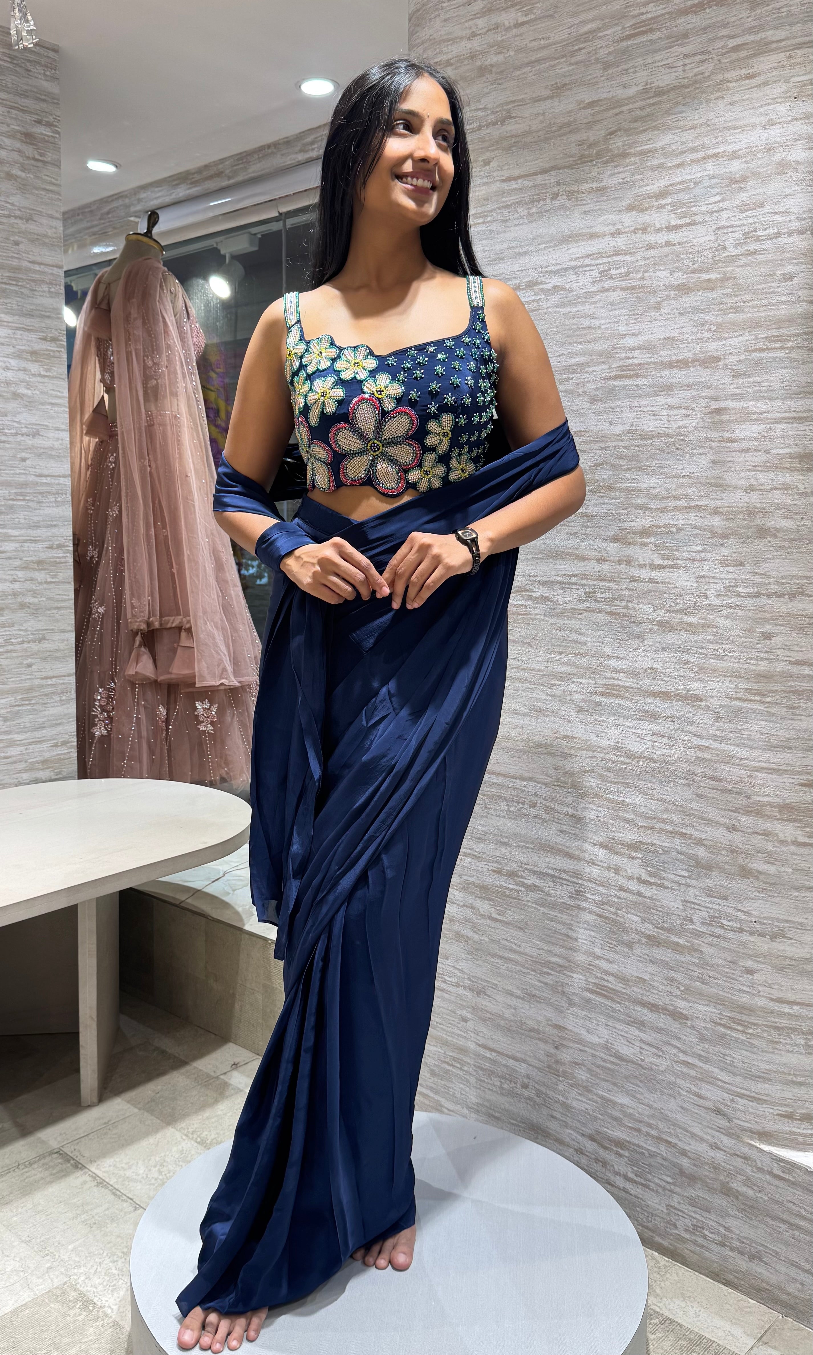 Navy Blue Drape Saree with floral blouse