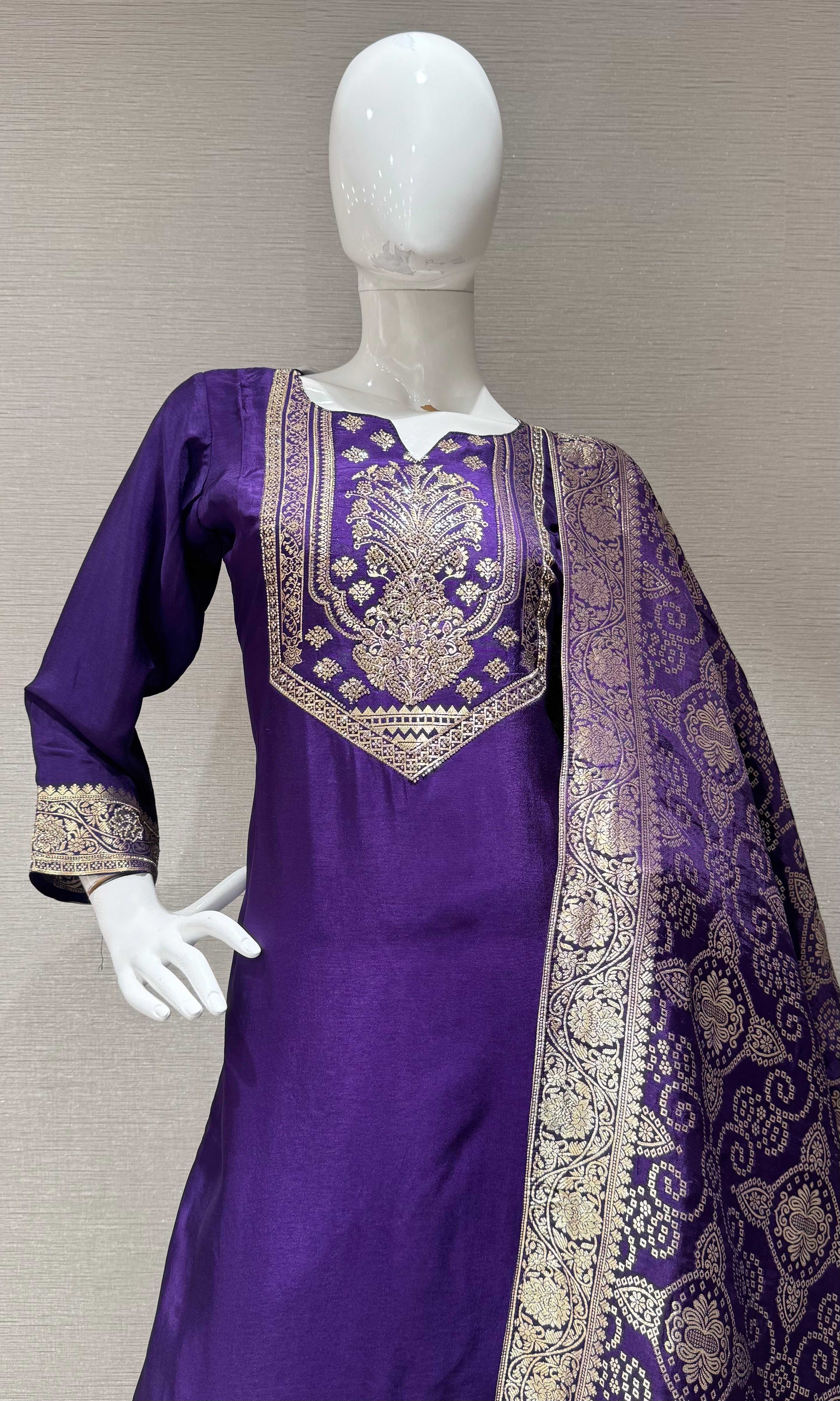 Purple Silk Embroidered Kurta Set with Banarasi Dupatta