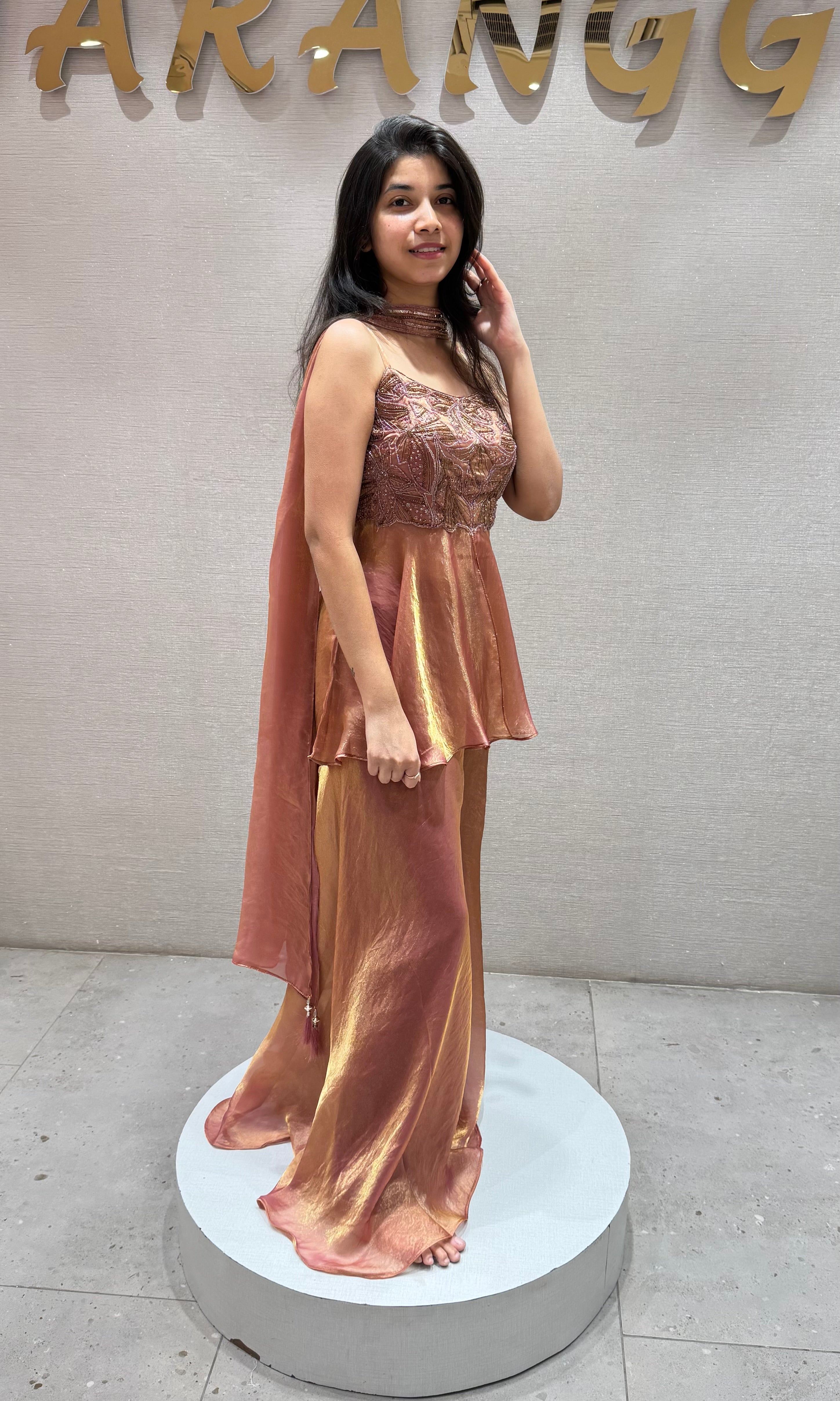 Rust EMBROIDERED PEPLUM PALAZZO SET