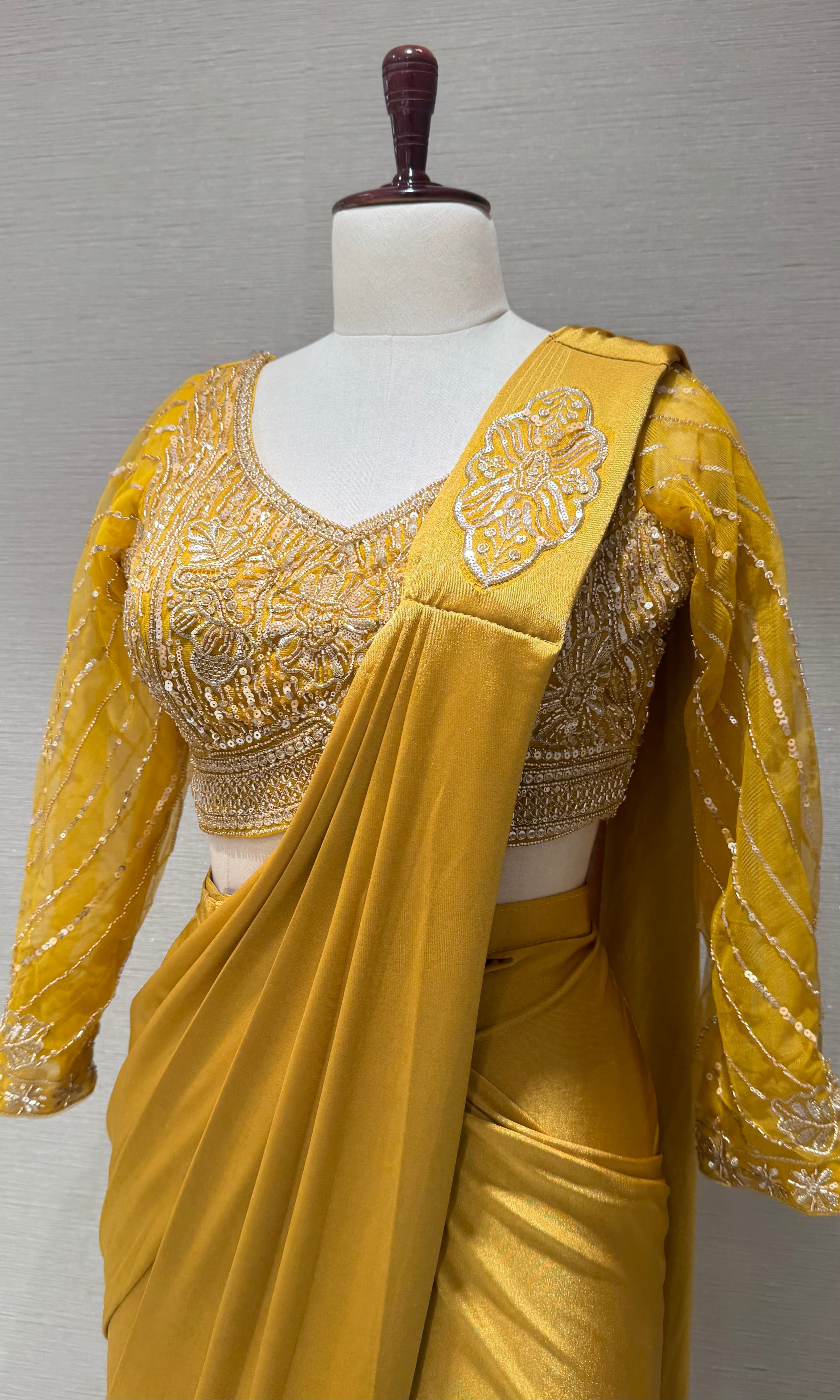 Yellow Satin Drape Saree with Embroidered Blouse