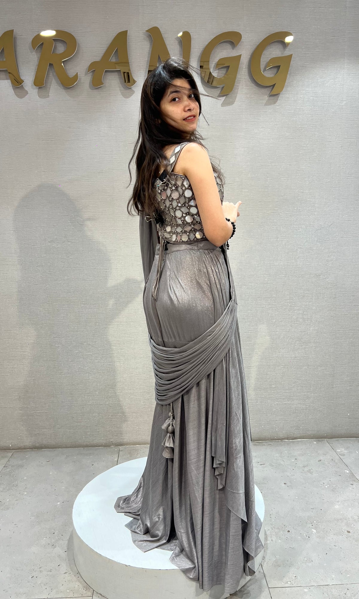 Metallic Grey Embellished Saree with corset blouse