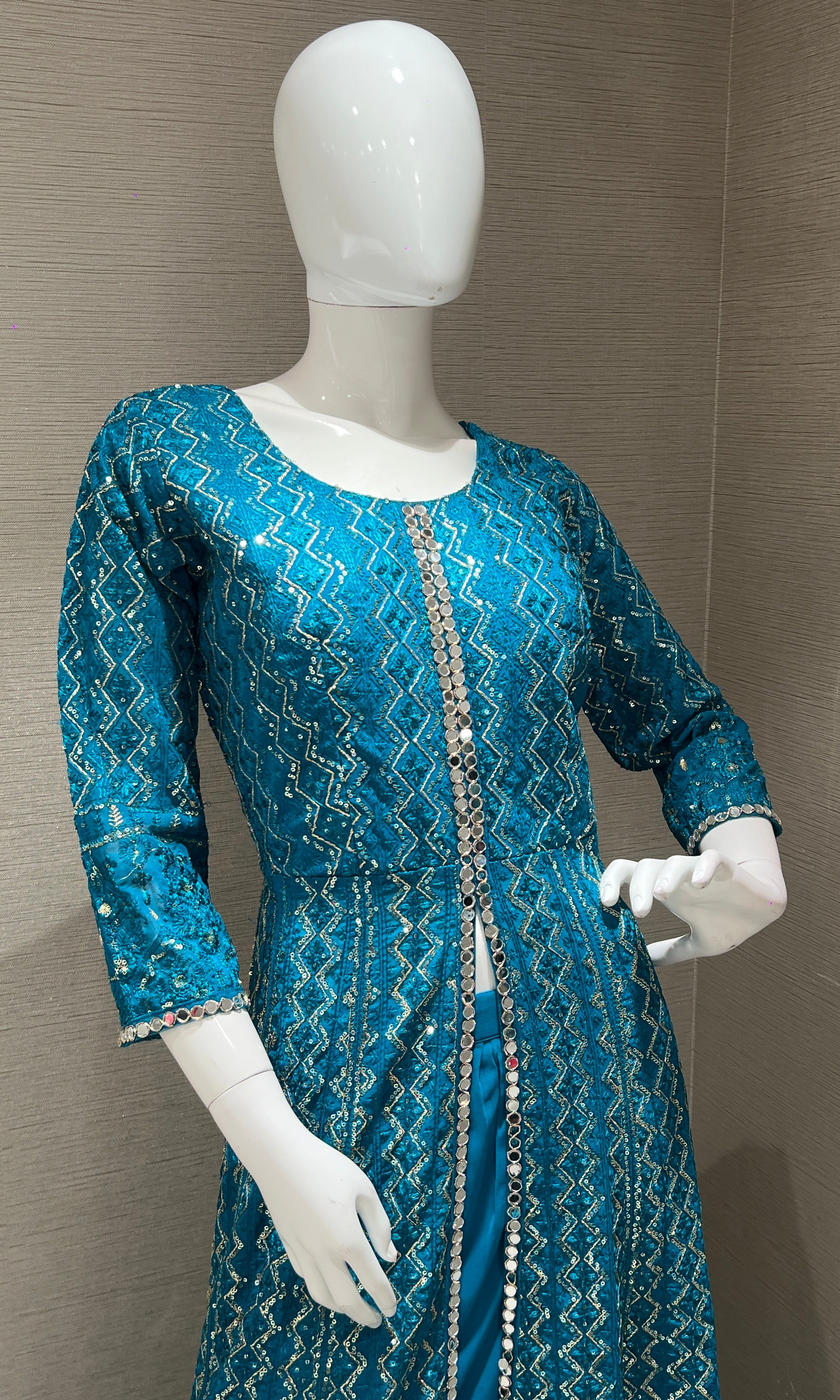 Rama blue front slit Anarkali with palazzo pants