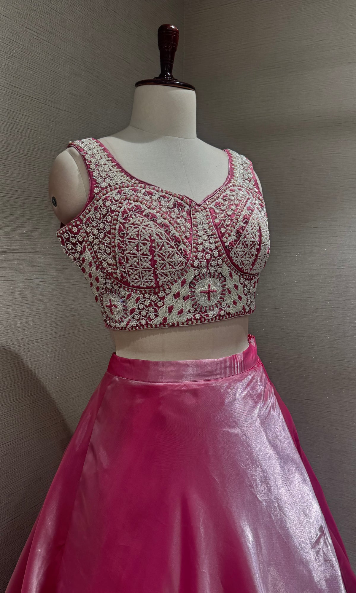 Fuchsia Pink Satin Floral Lehenga set with Sheer Cape Sleeves