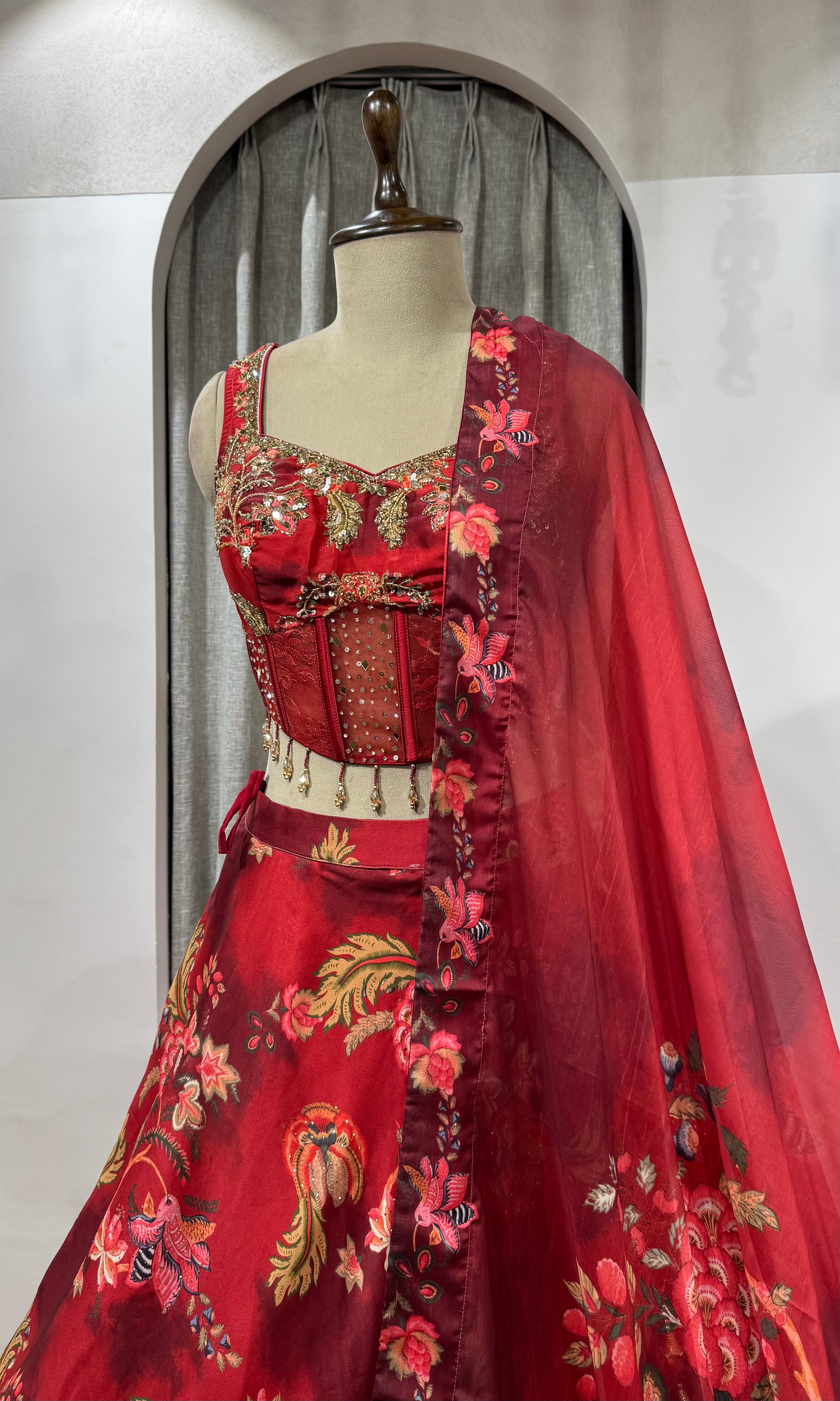 Red Indian Organza Printed Lehenga Set