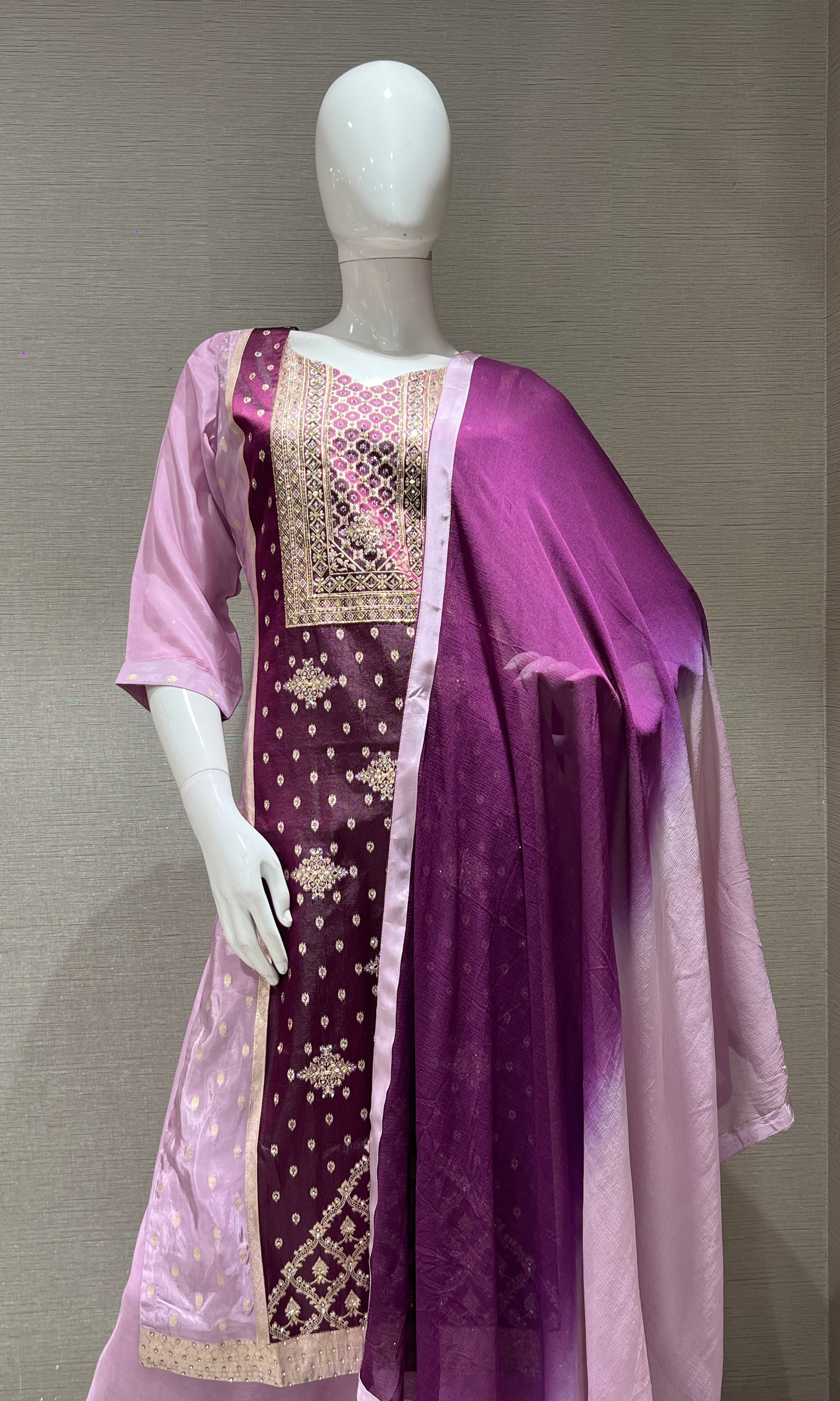 WINE EMBROIDERED KURTA SET WITH PALAZZO PANTS