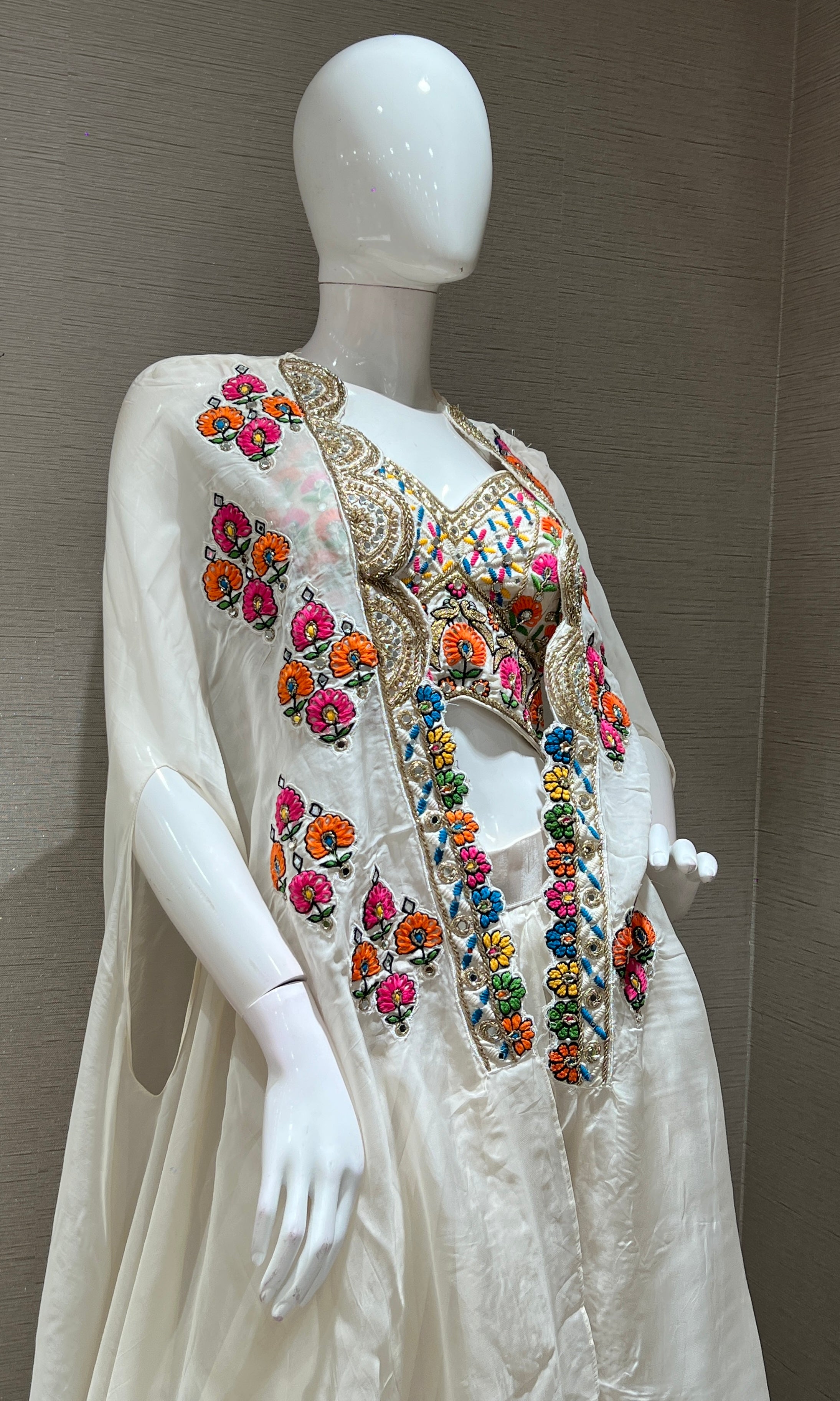 Cream SKIRT WITH FLORAL BLOUSE AND CAPE