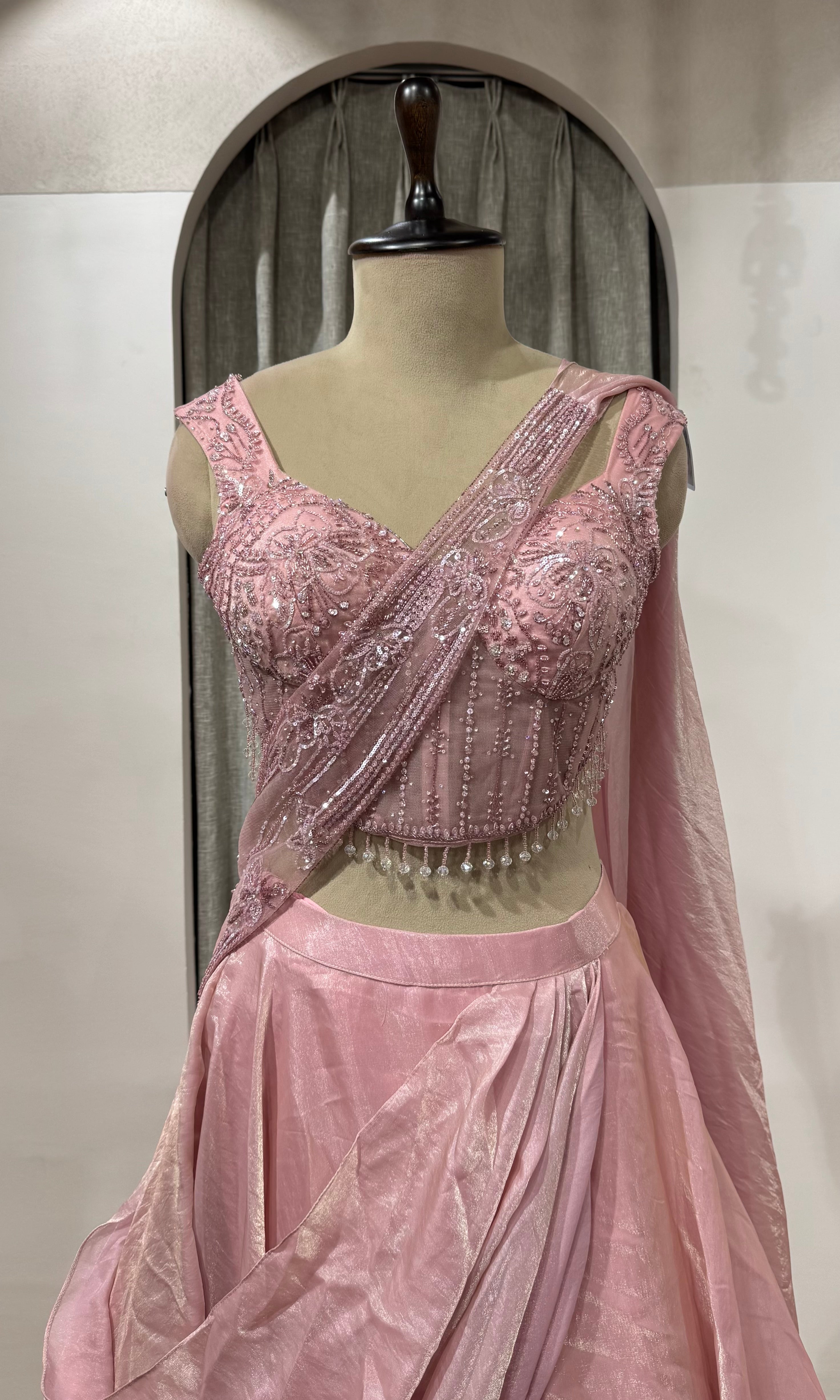 PEACH Pink LEHENGA WITH CORSET BLOUSE