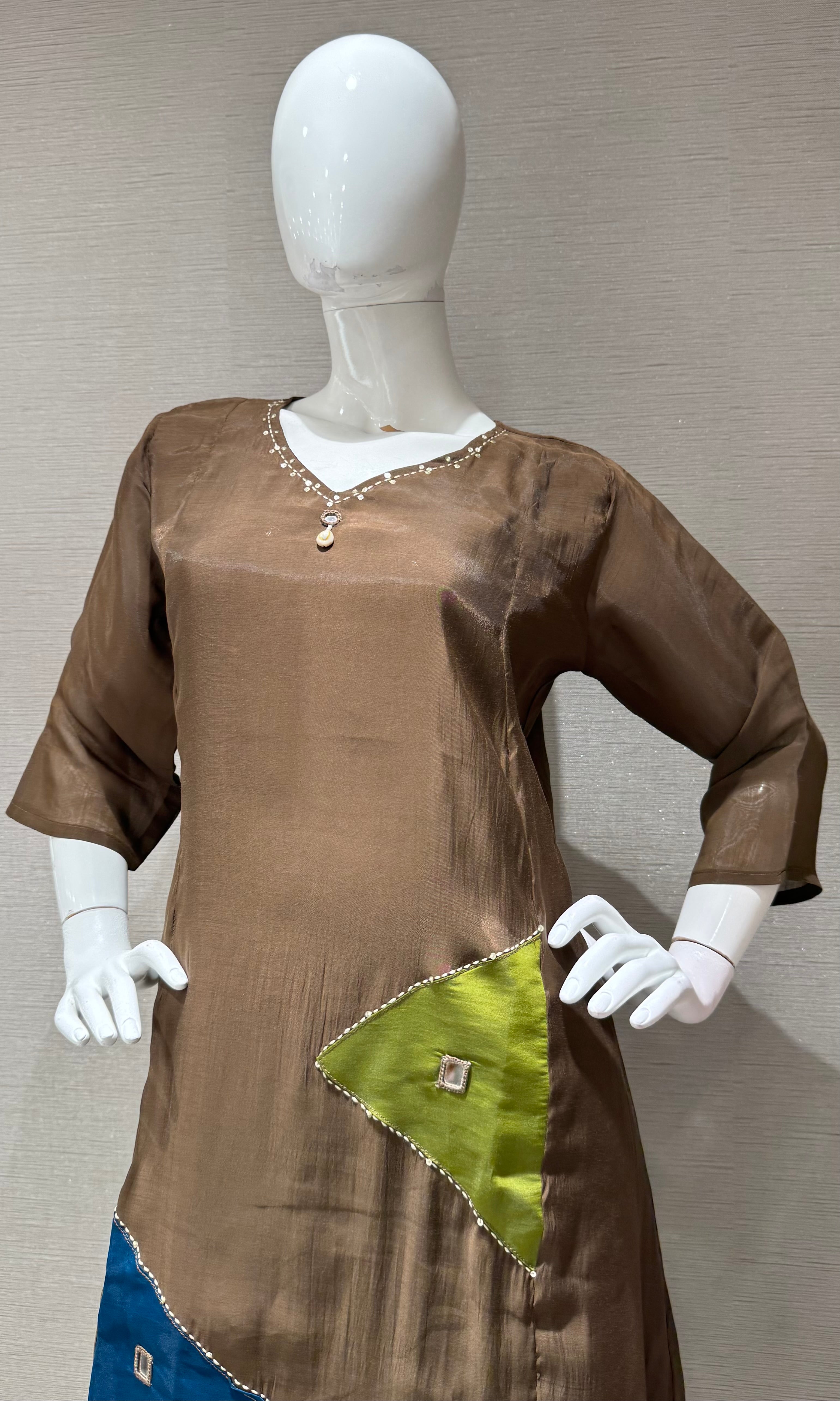 Brown Straight Patch Kurta Set with Dupatta