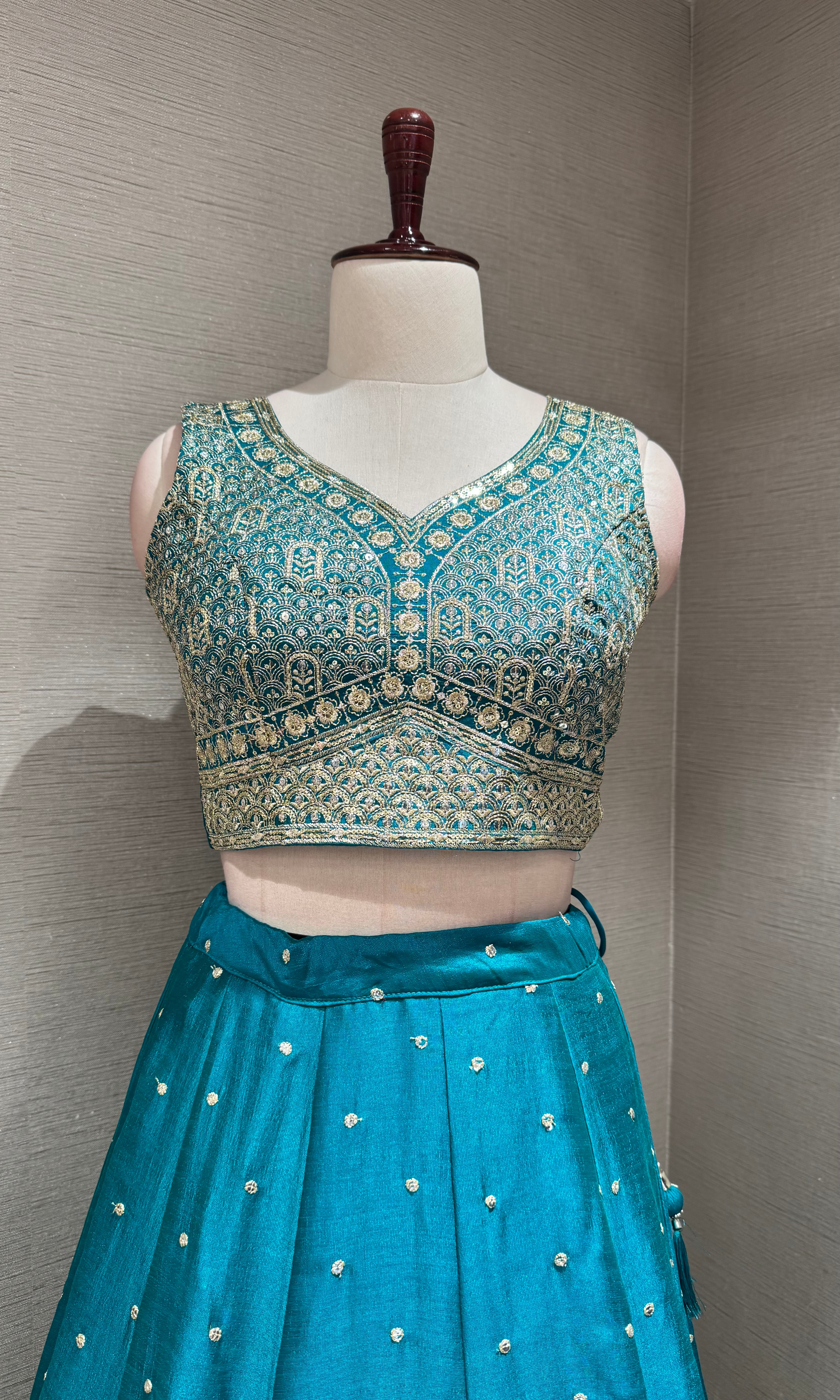Rama blue golden embroidered lehenga choli set