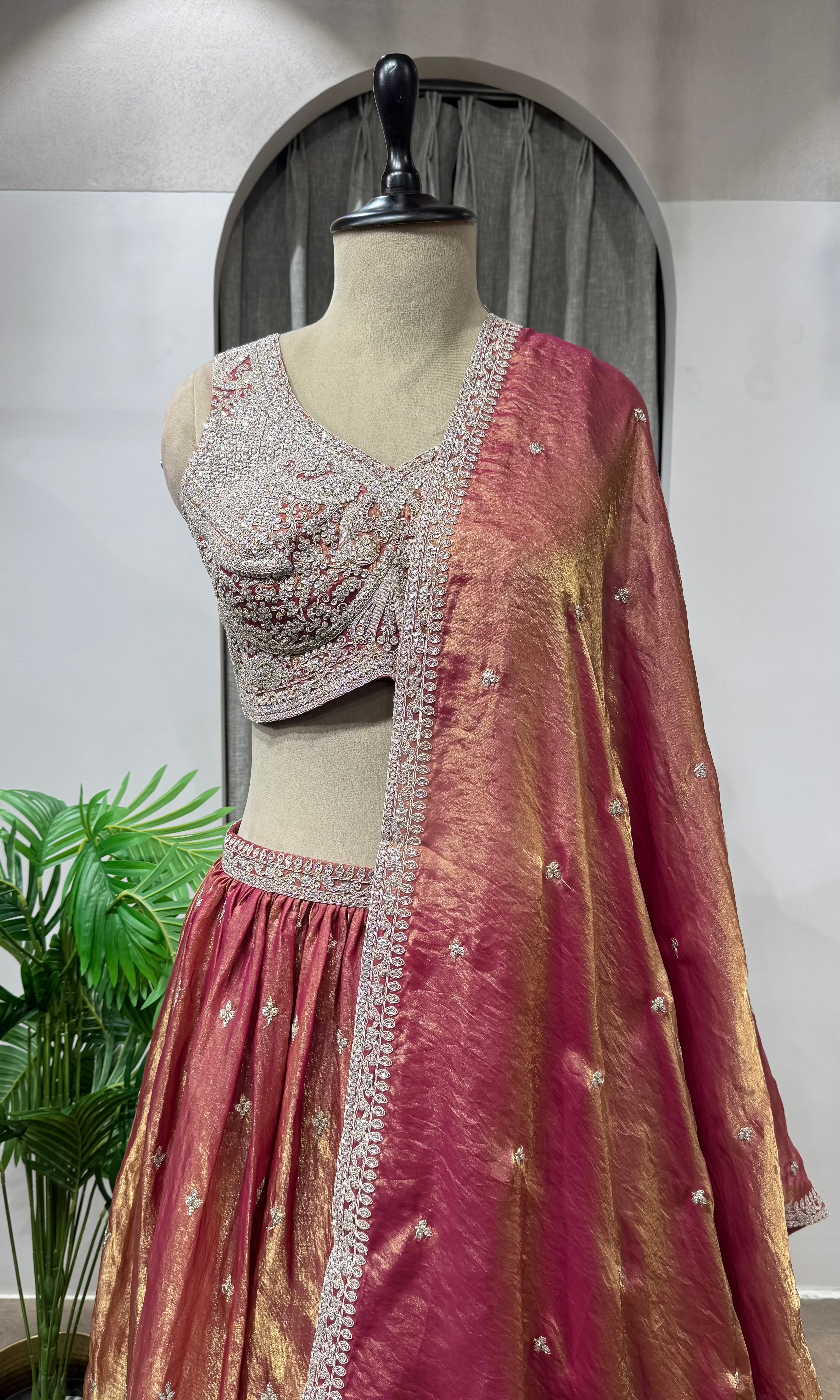 Rust Banarasi Silk Crop Top Lehenga