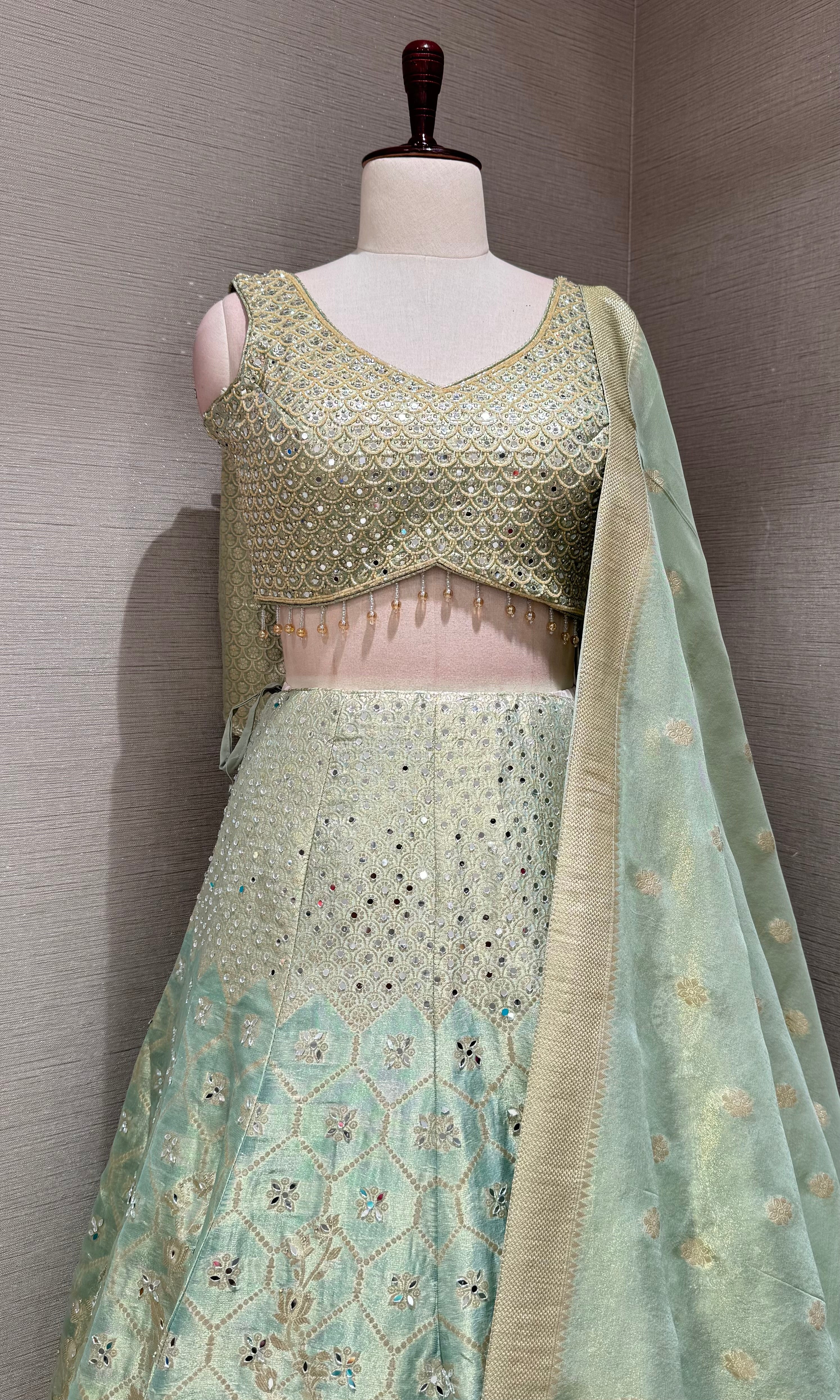 pista green Embroidered Lehenga Choli Set with Dupatta