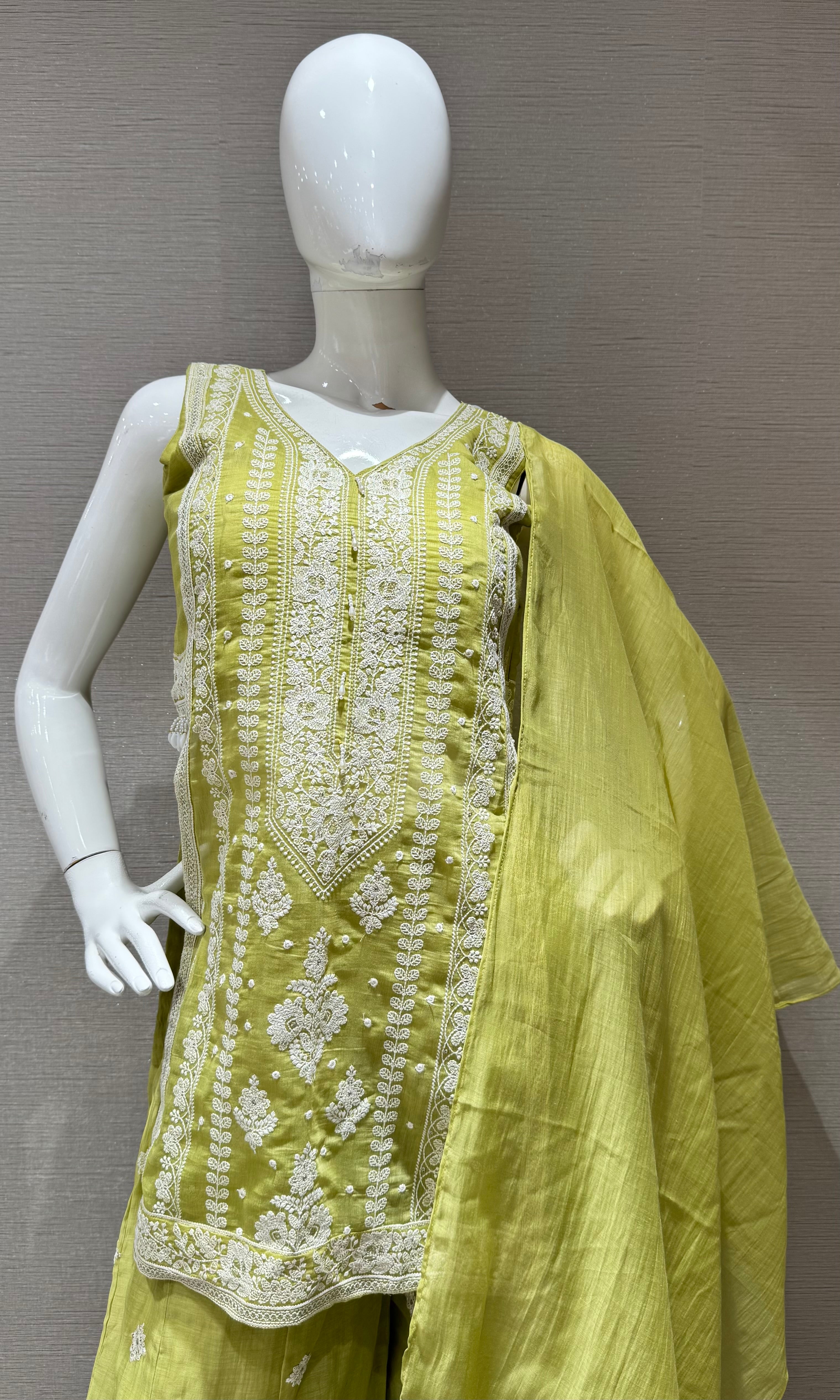 Lime green Embroidered shimmer silk palazzo set