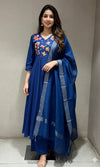 Navy blue FLORAL MUL CHANDERI kurta set