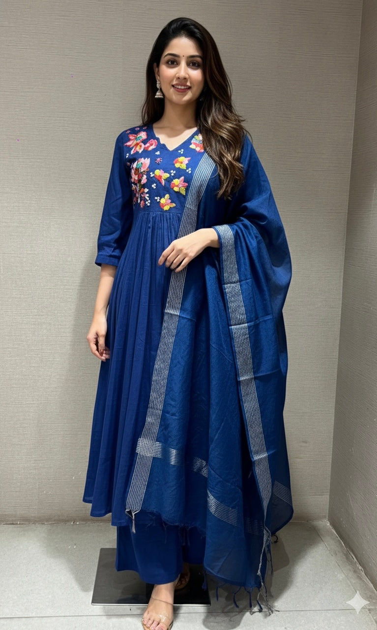 Navy blue FLORAL MUL CHANDERI kurta set