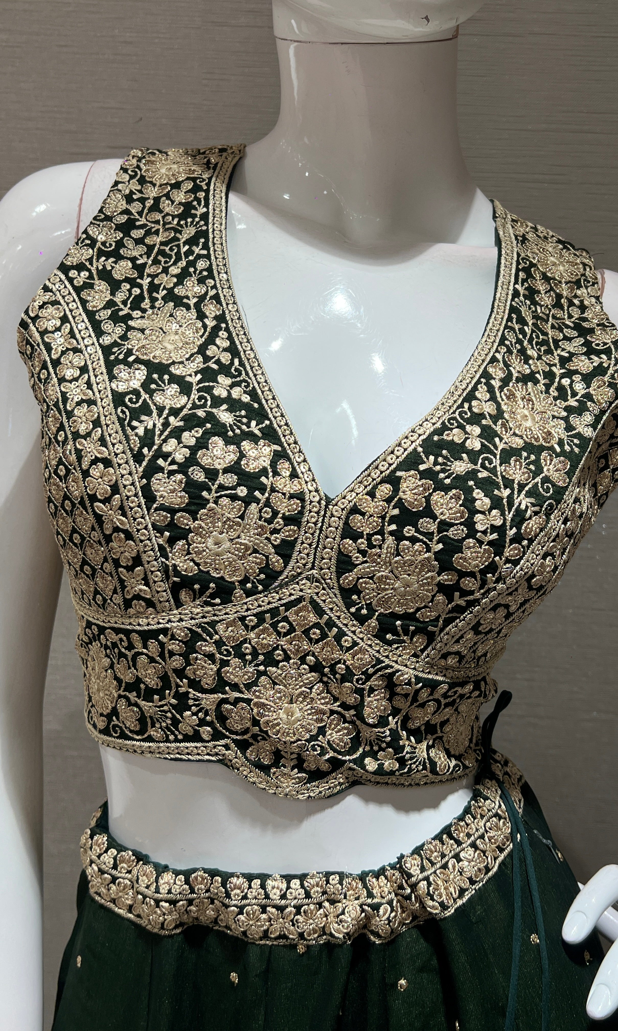 Bottle green golden embroidered lehanga
