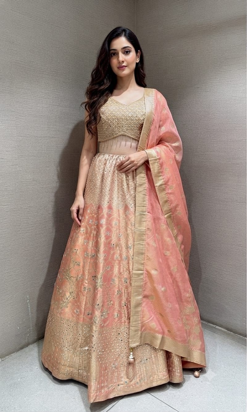 Peach and Gold Embroidered Lehenga Choli Set with Dupatta