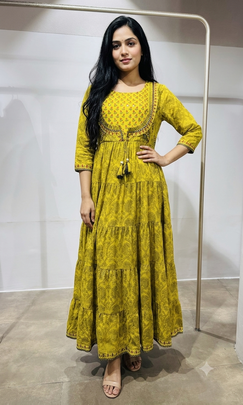 Green printed long frock