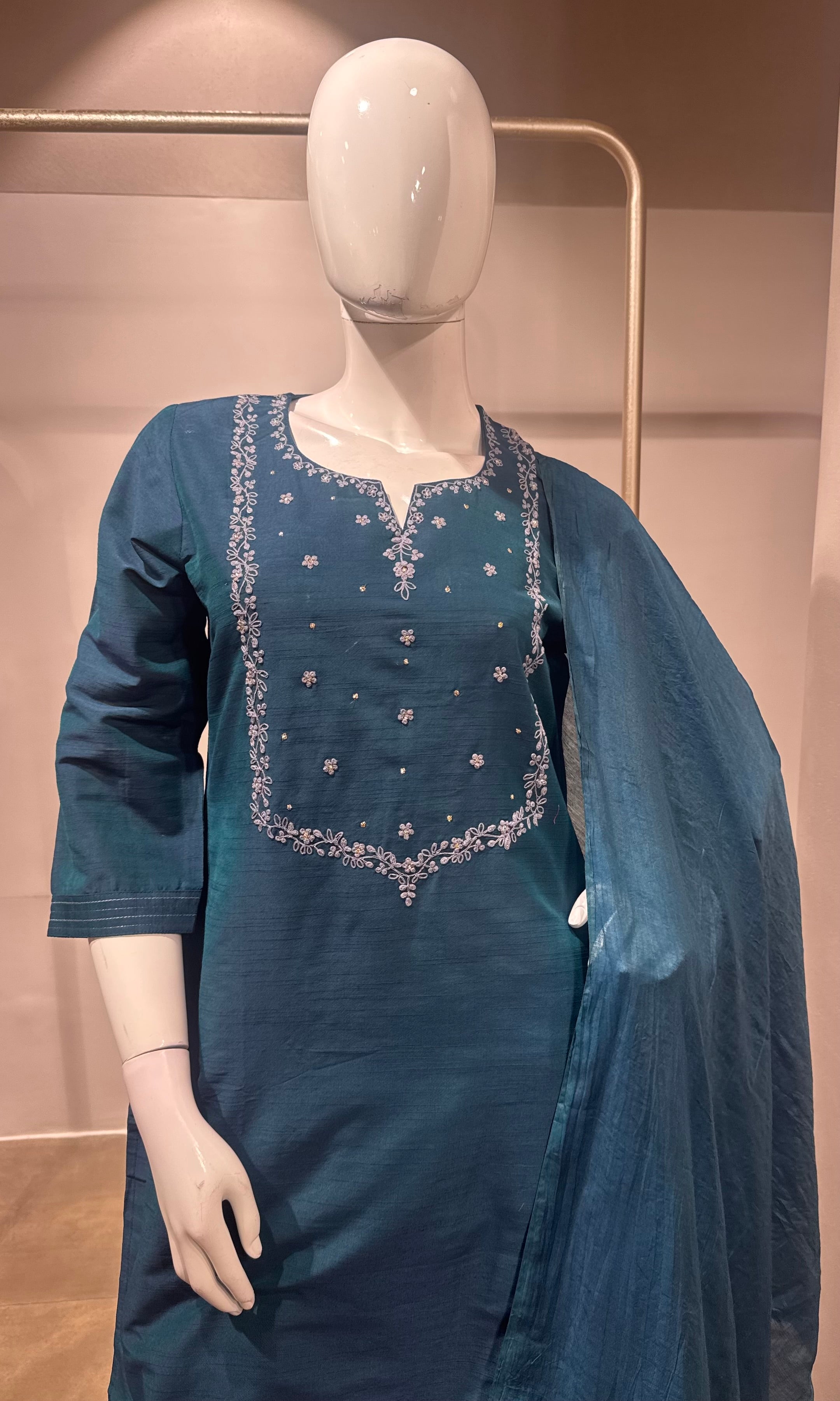 Blue Embroidered Straight Kurta Pant & Dupatta Set