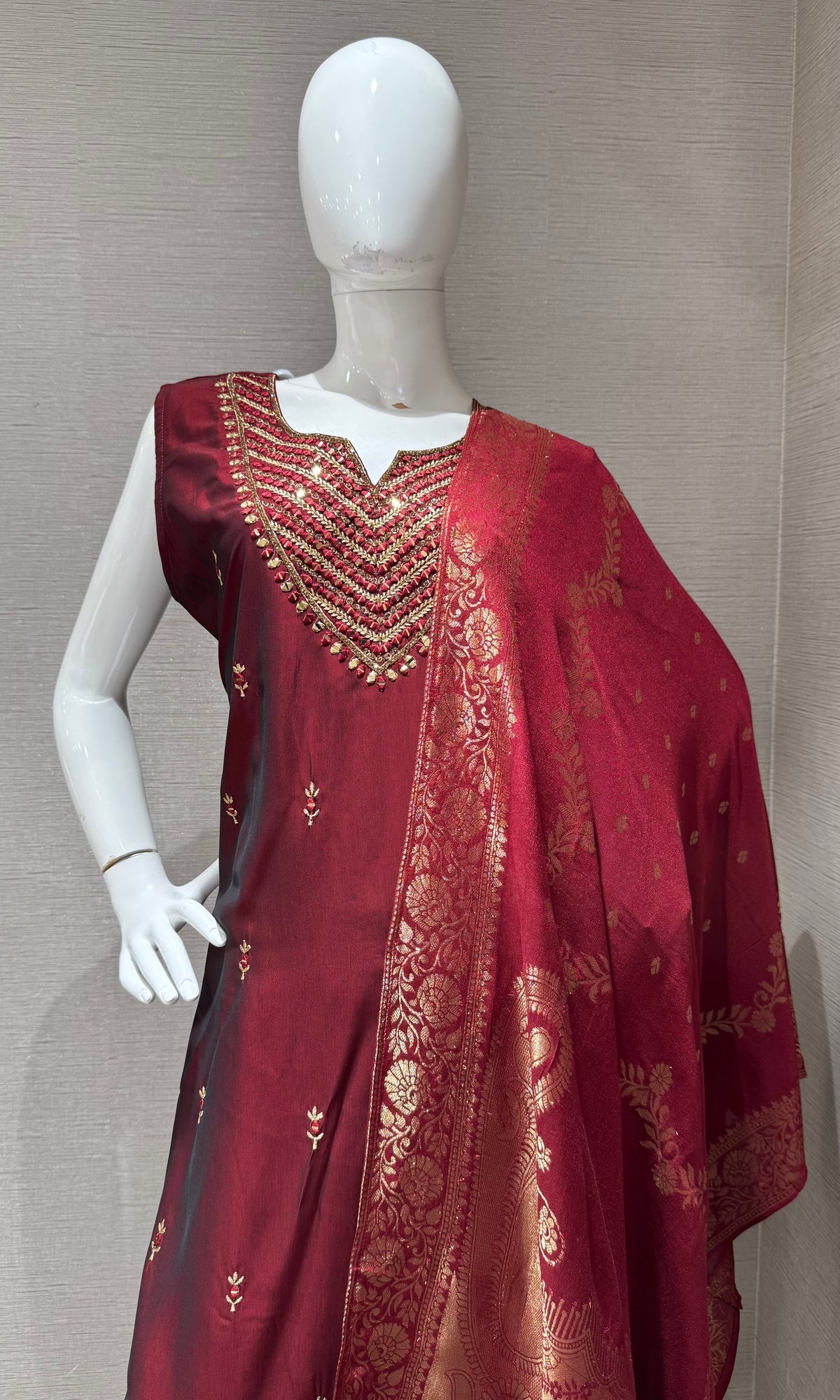 Maroon Golden Silk Embroidered Kurta Set