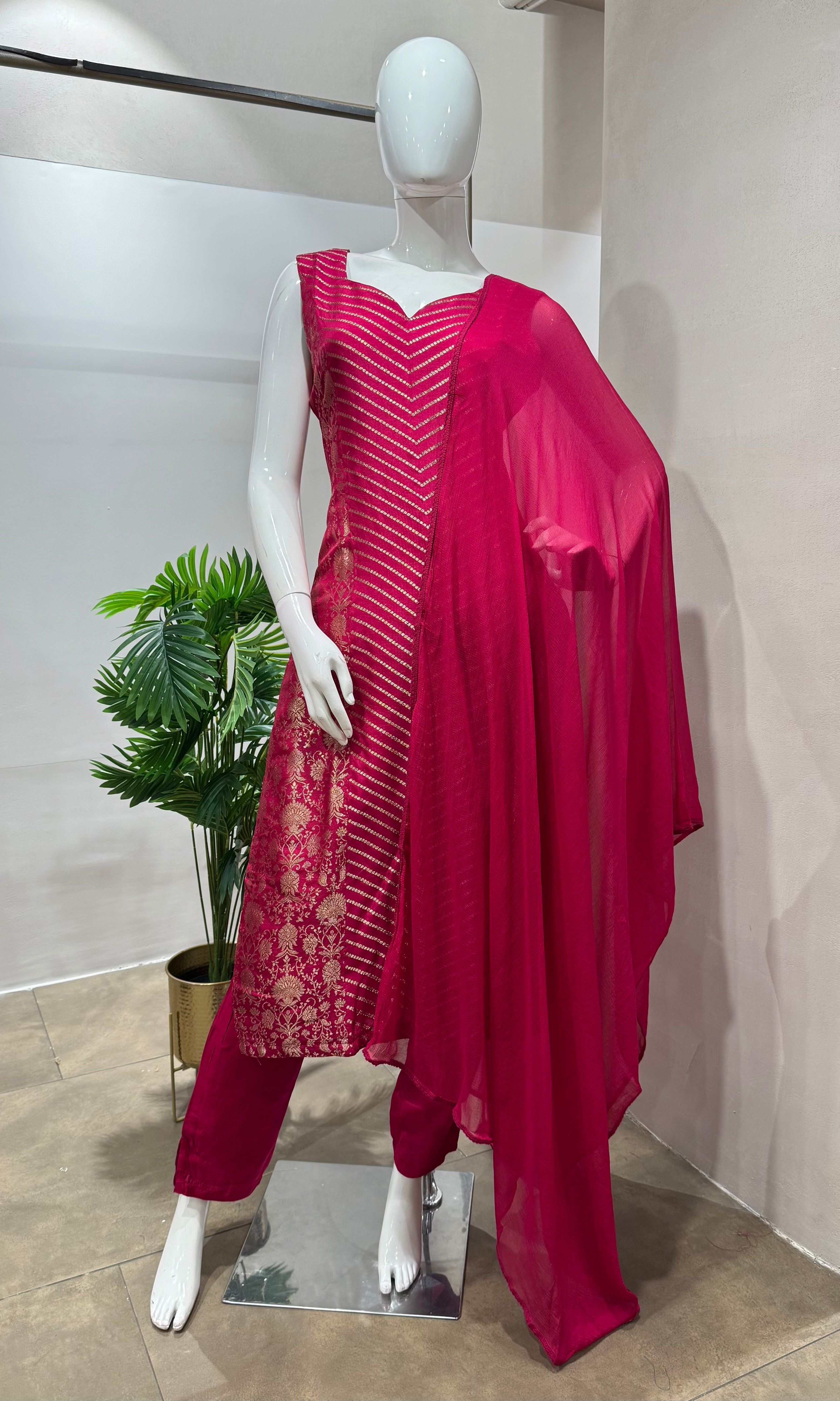 Pink STRIPED EMBROIDERED KURTA SET