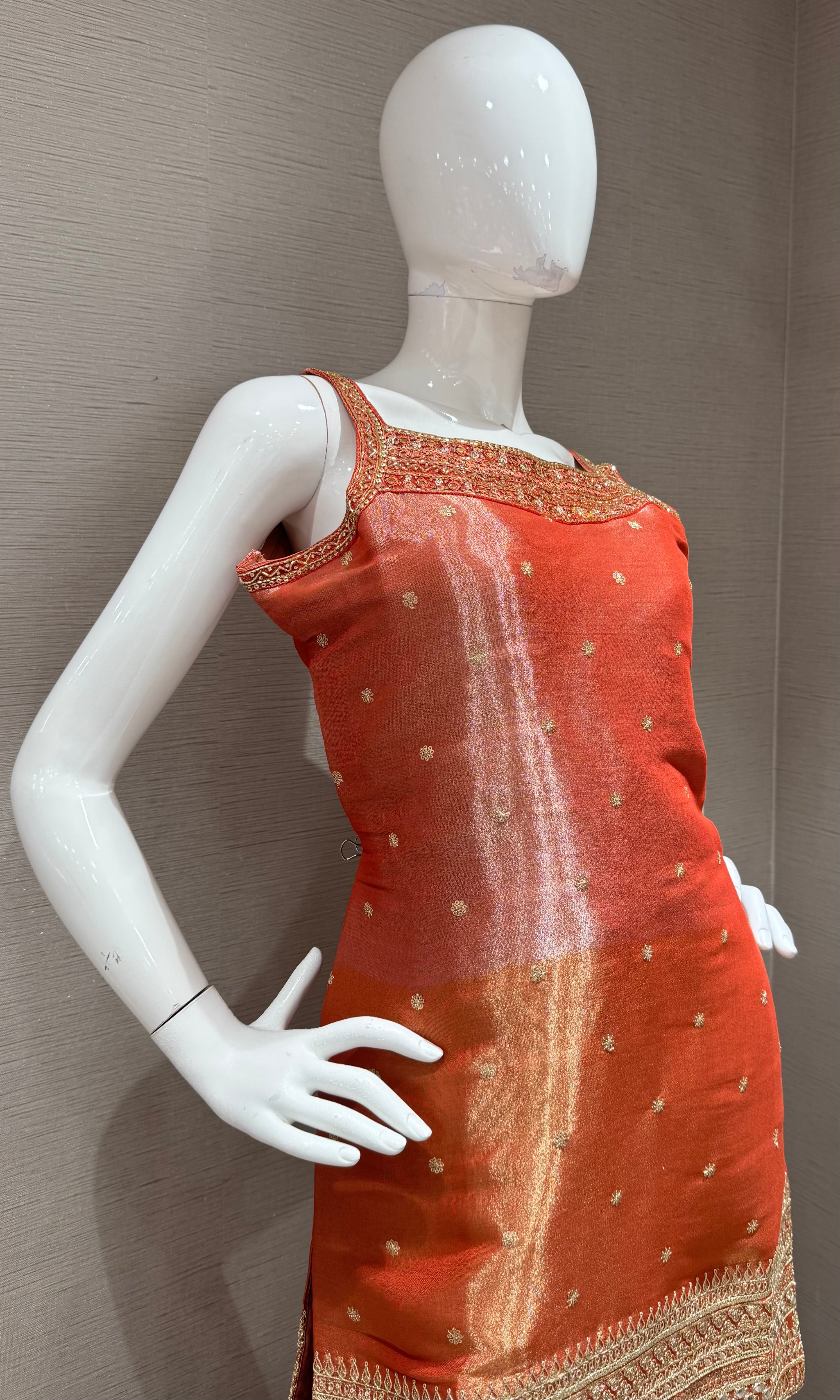 Rust and Gold Zari Sharara set with Sheer Dupatta