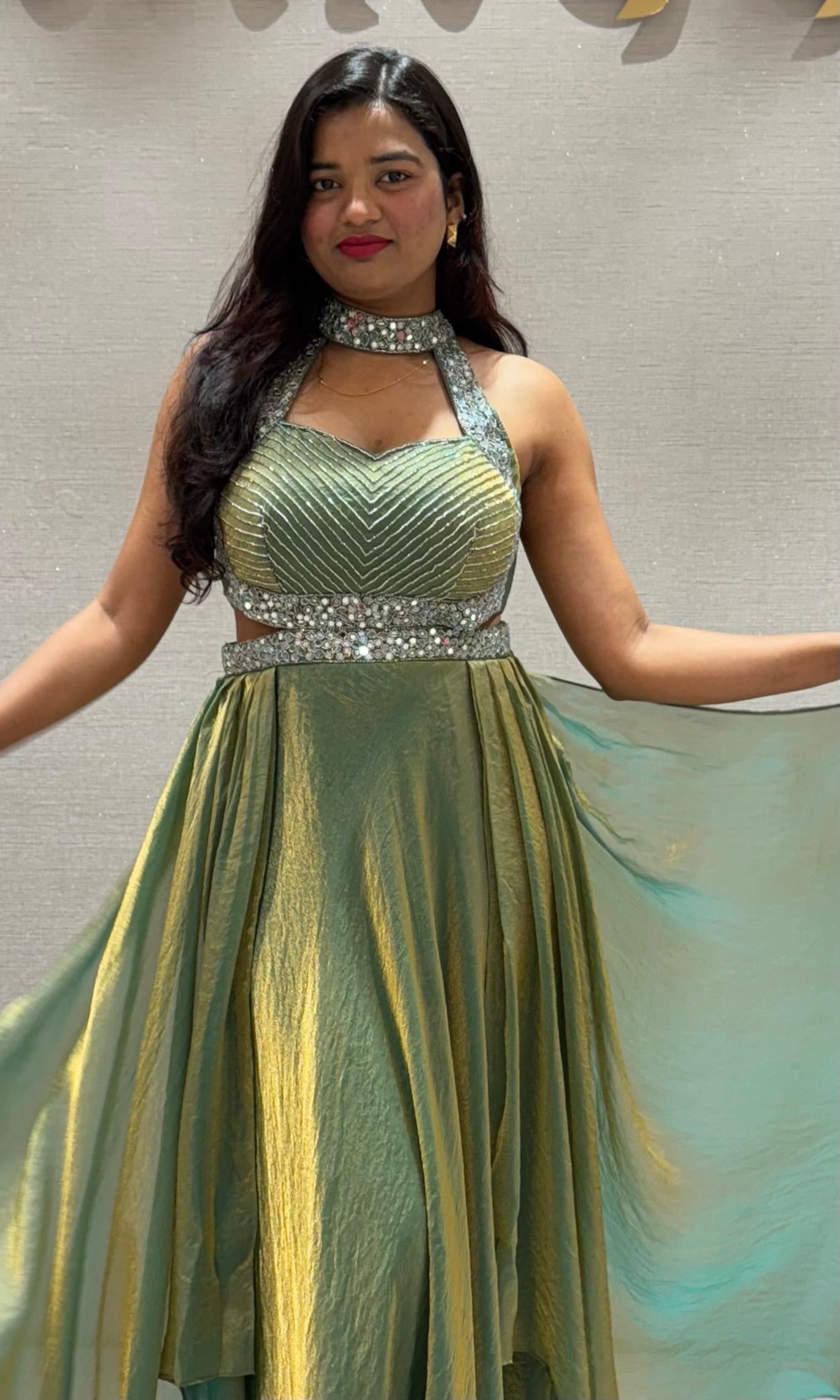 Green EMBROIDERED LONG GOWN DRESS