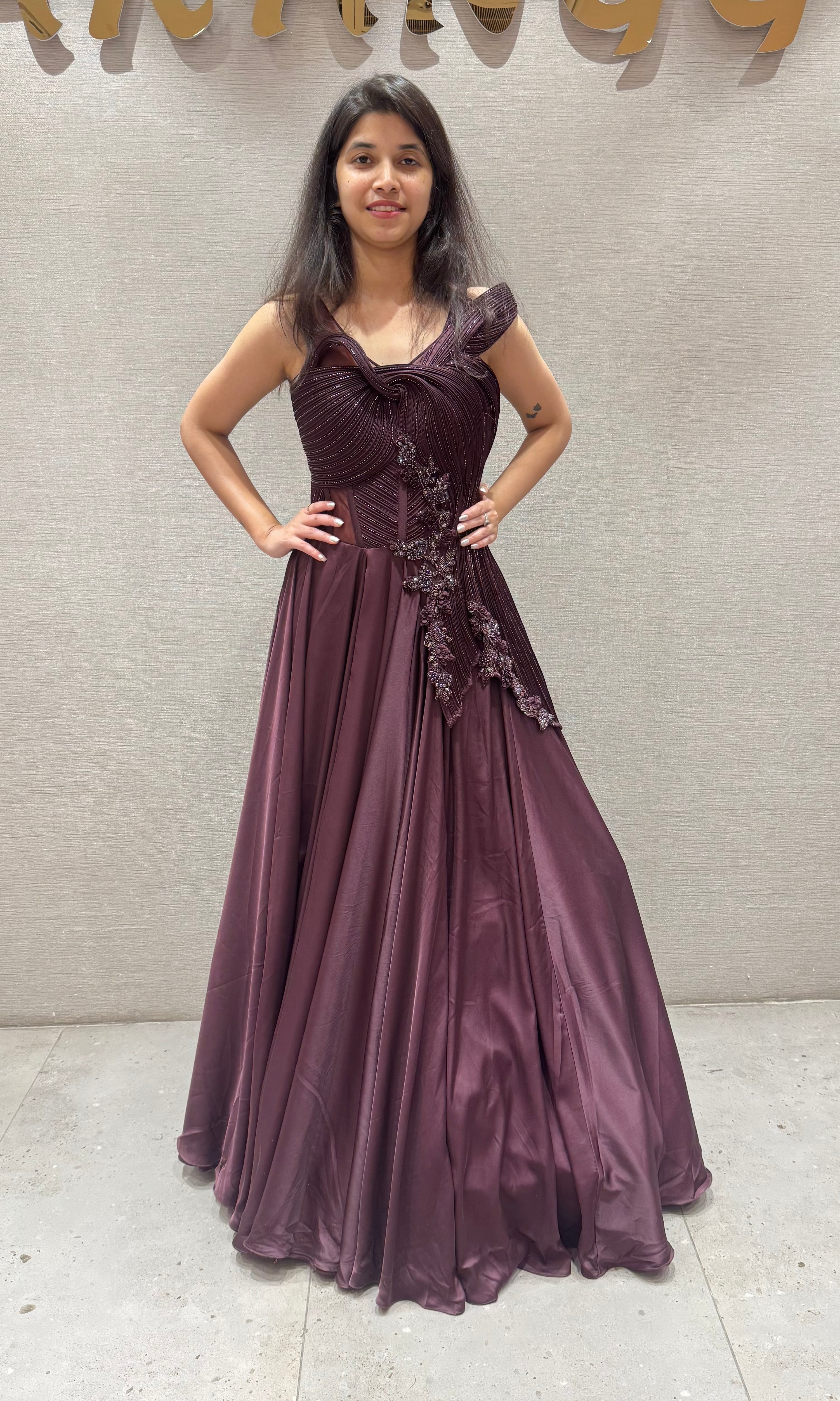 Wine FLORAL EMBELLISHED GOWN