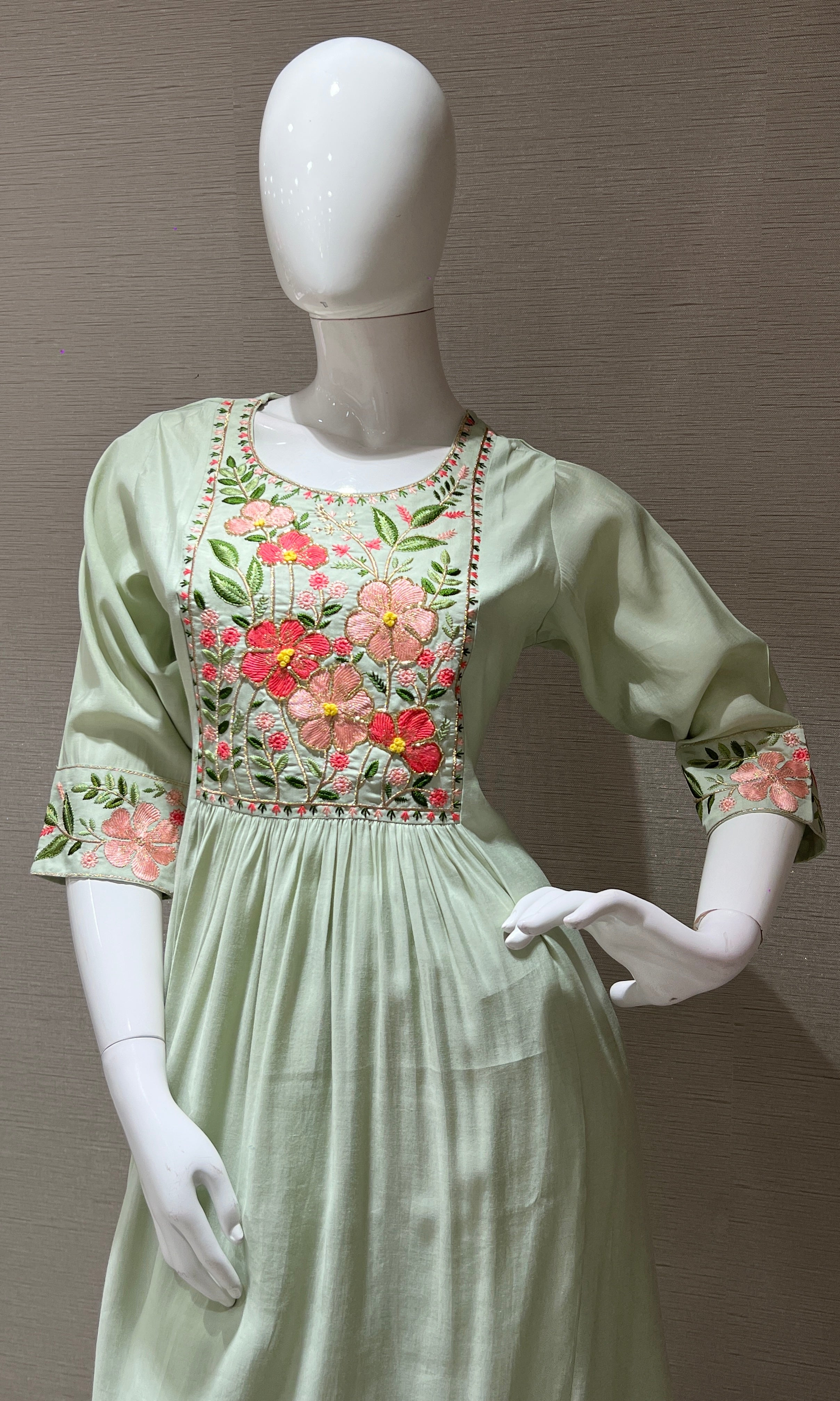 Pista Green Floral Charm Mul Chanderi kurta set