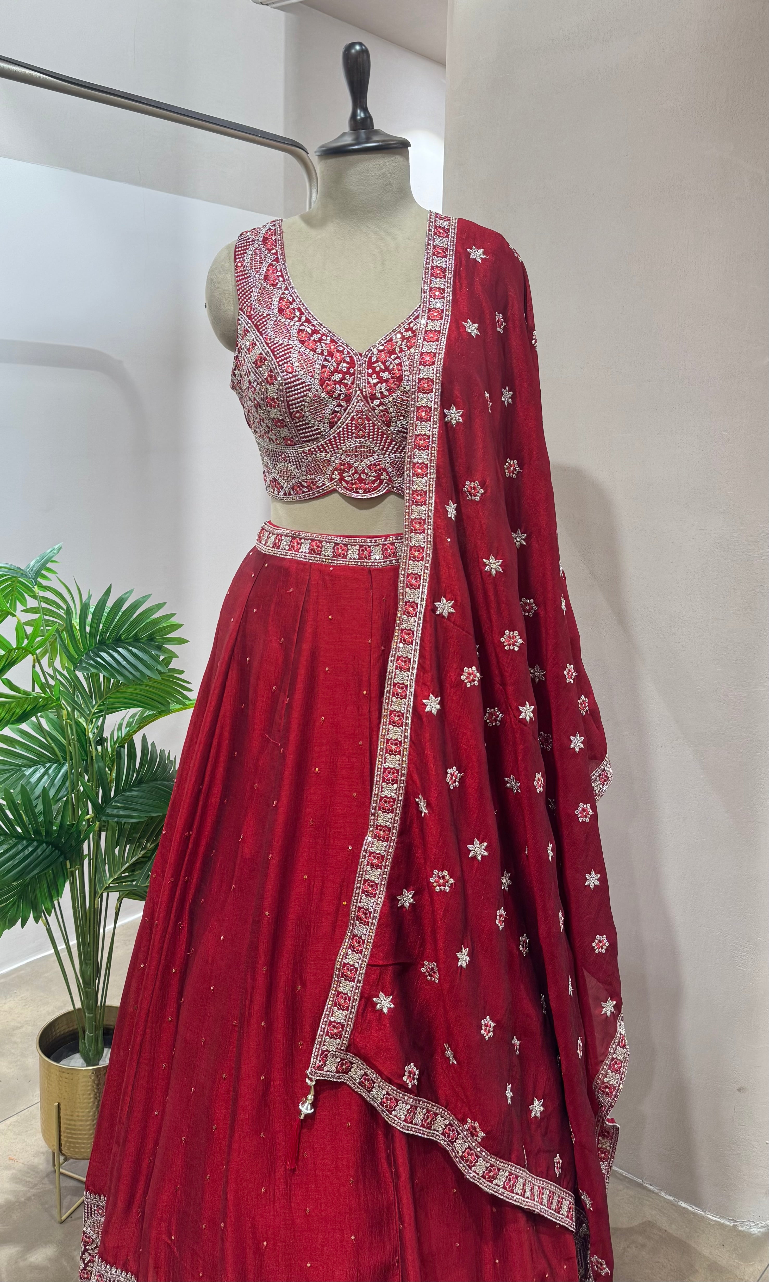 Maroon embroidered Lehenga with floral motif dupatta