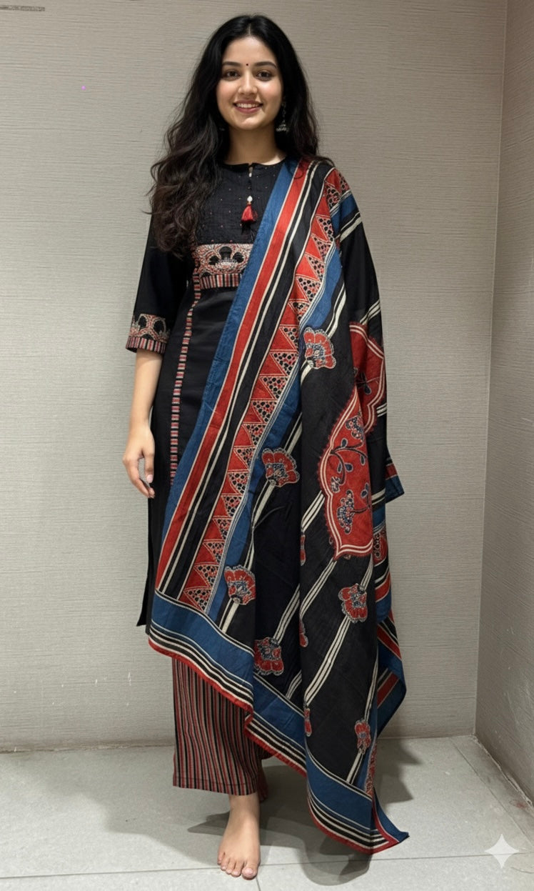 Black A LINE EMBROIDERED KURTA SET