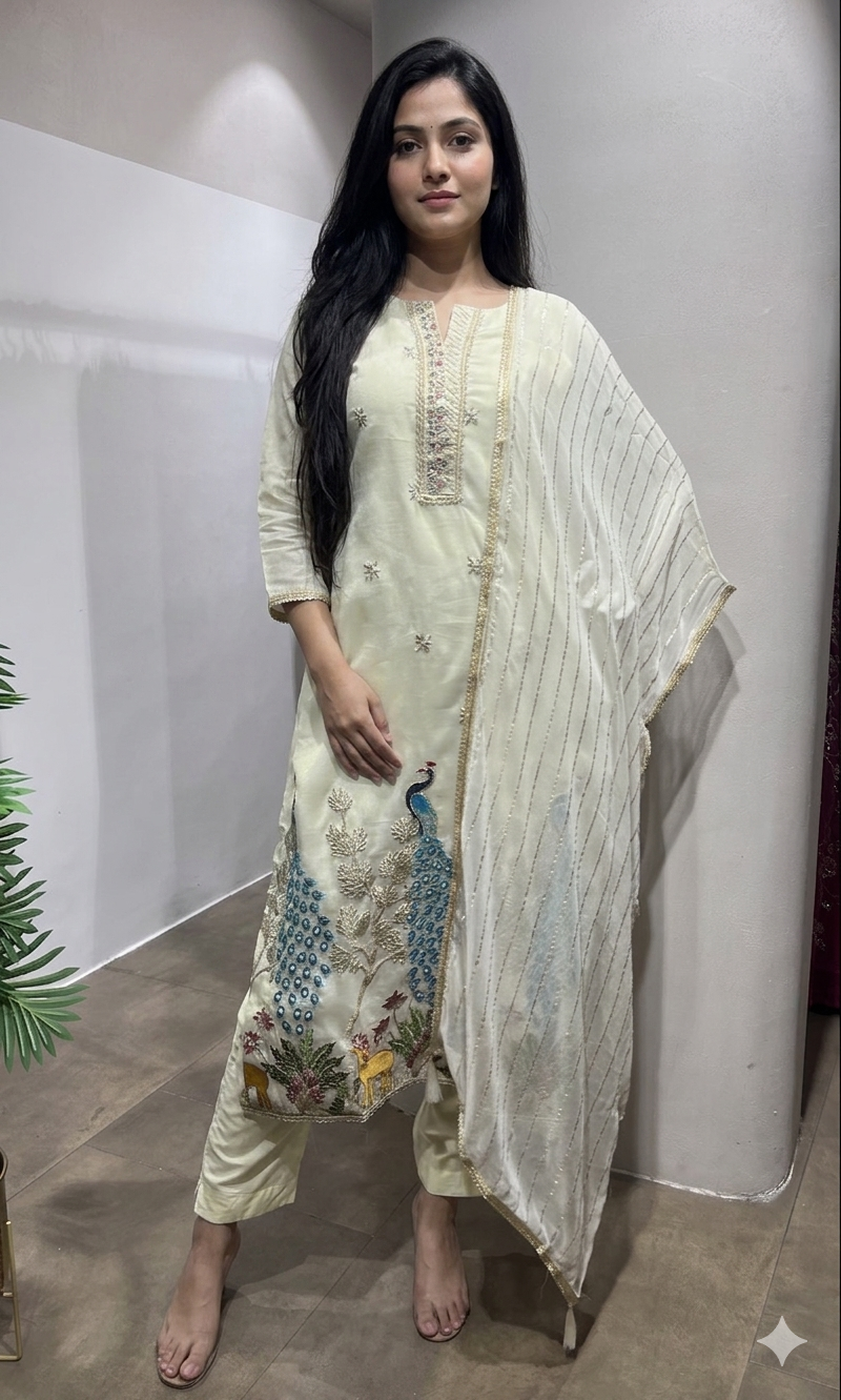 Cream Peacock Embroidered SHARARA Set