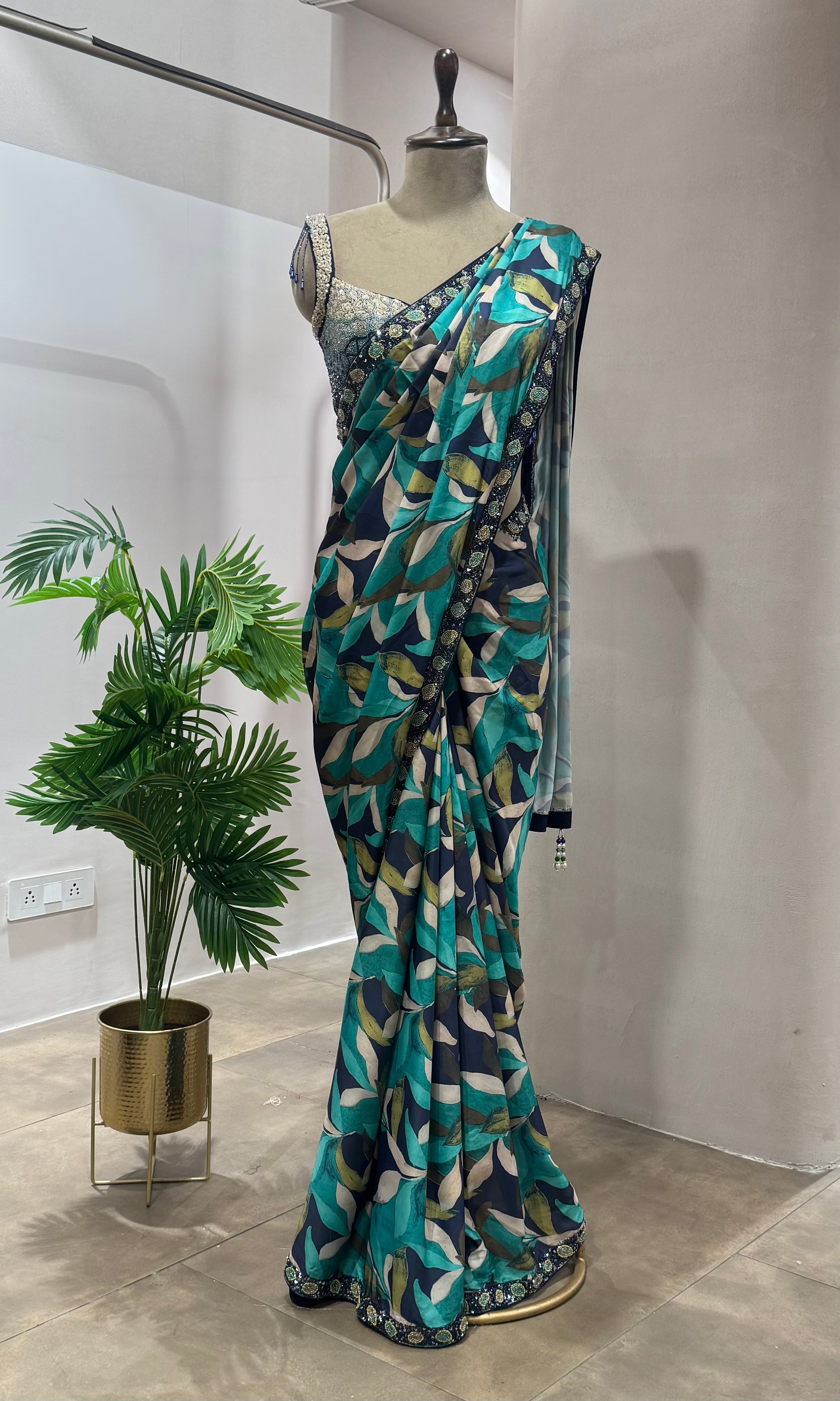 ABSTRACT DESIGN TEAL BLUE SAREE WITH BLOUSE