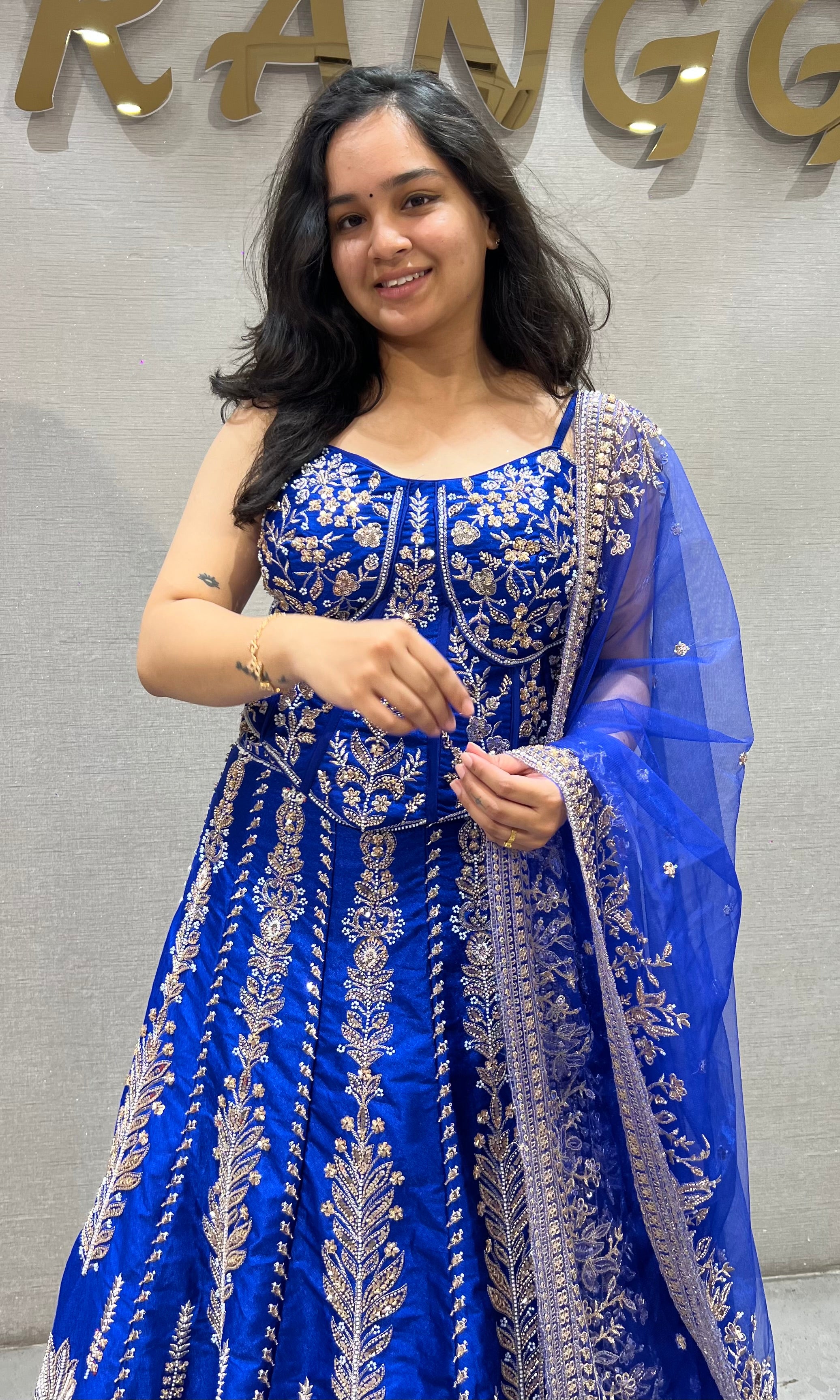 Royal blue embroidered peplum crop top lehenga set