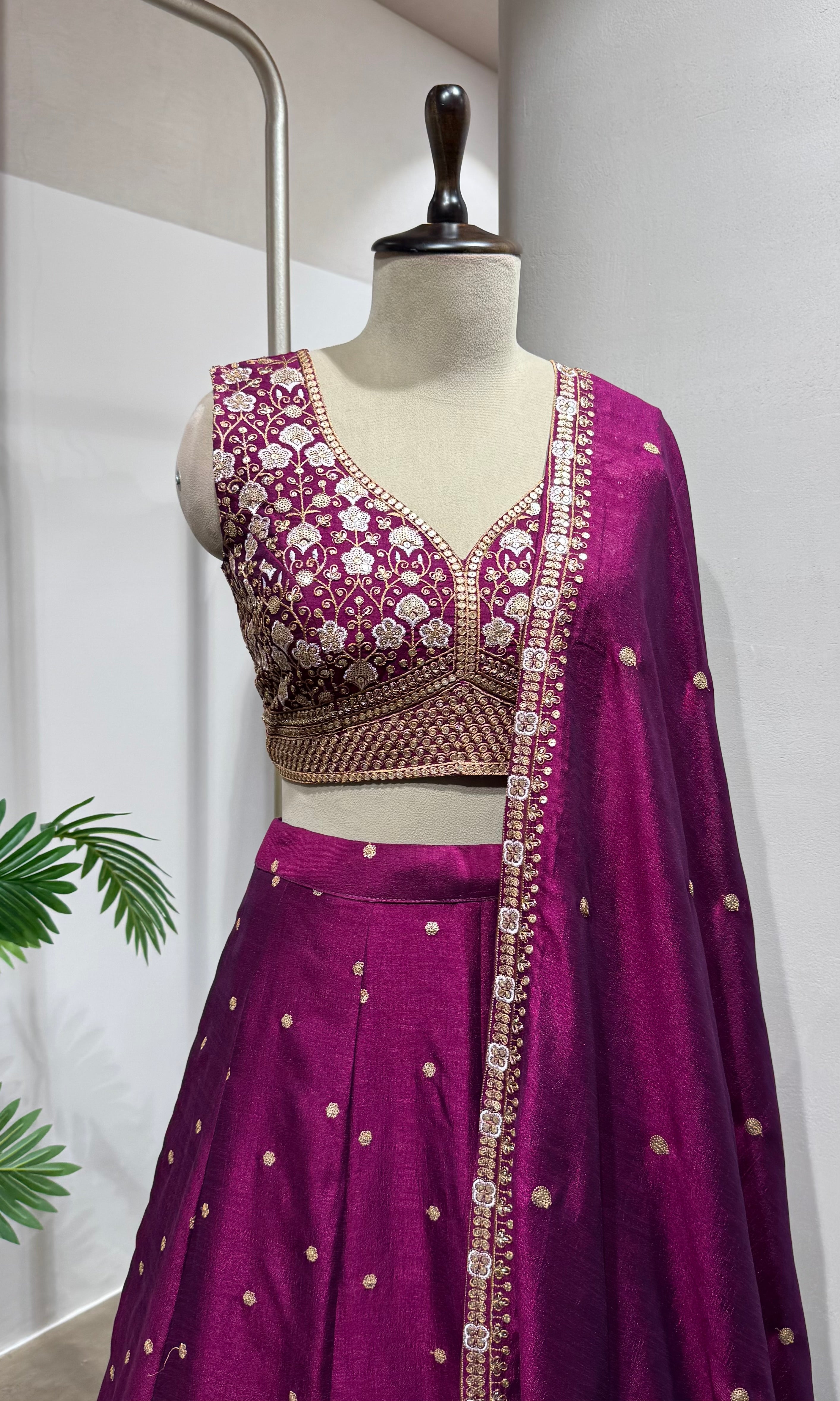 Wine Floral intricate Embroidery Lehenga