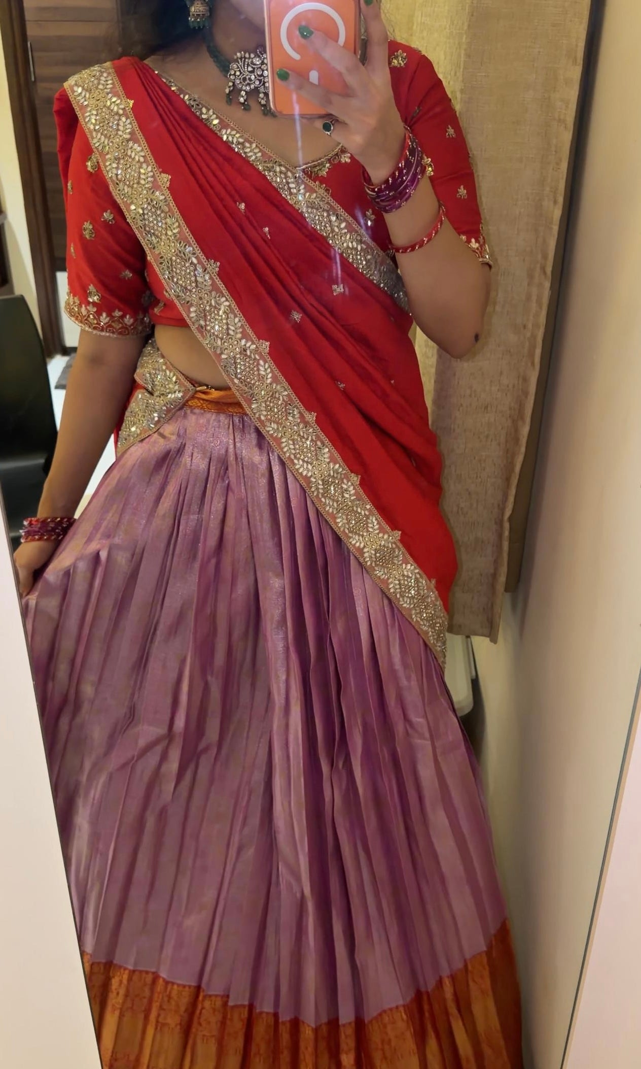 Lavender & Red LEHENGA WITH RAW SILK DUPATTA