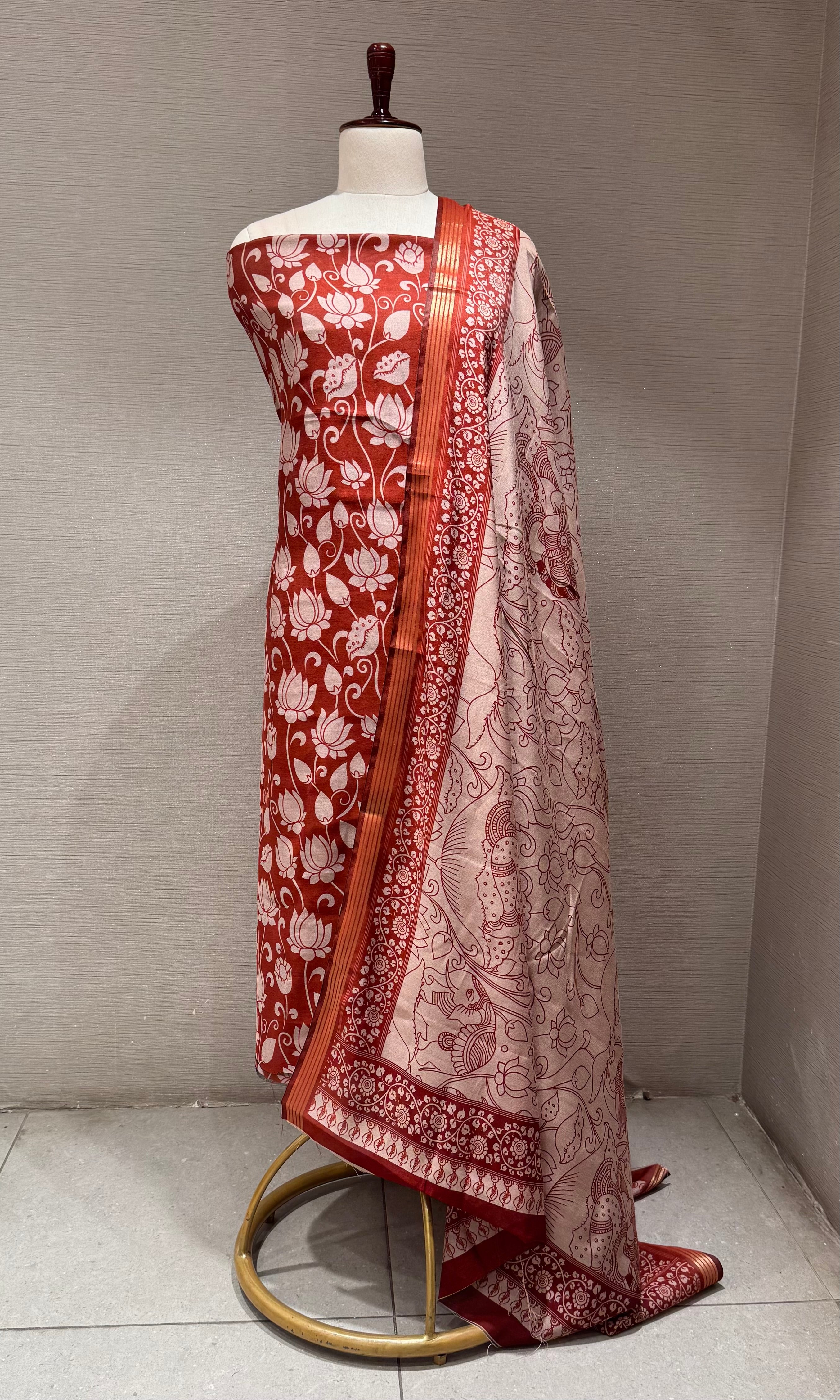 Maroon cotton Floral block print dress material