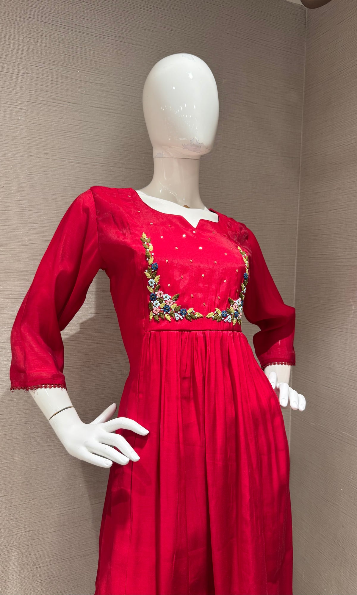 Red Chanderi silk kurta set with dupatta