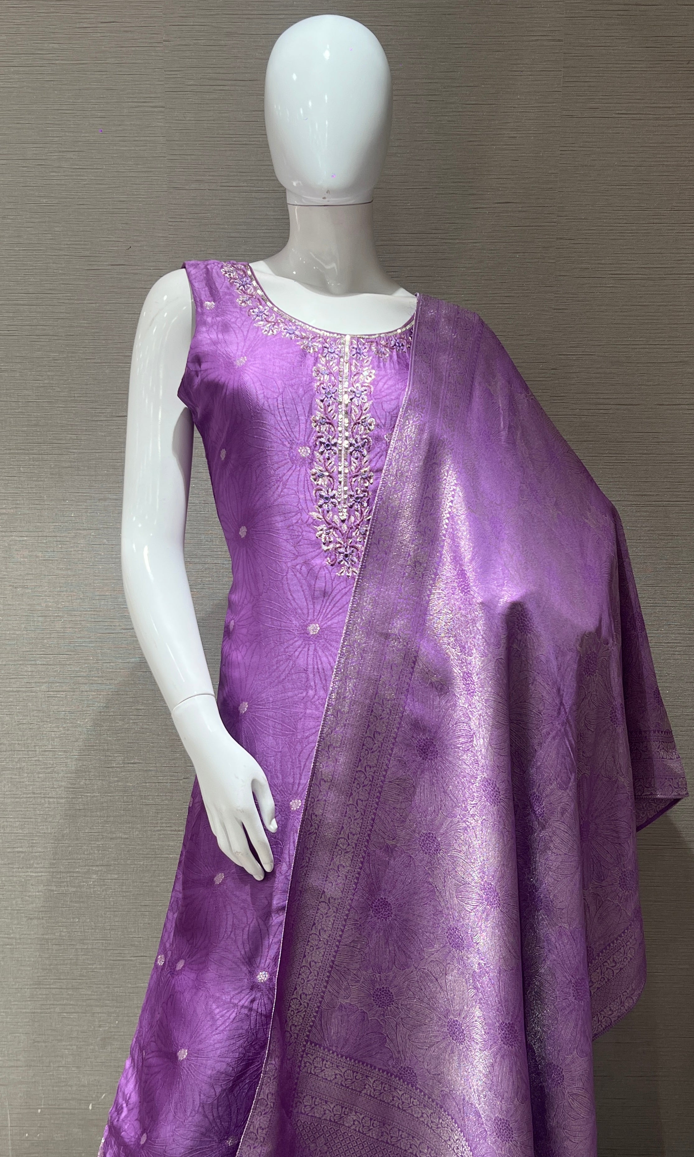 Purple kurta set with silver brocade dupatta