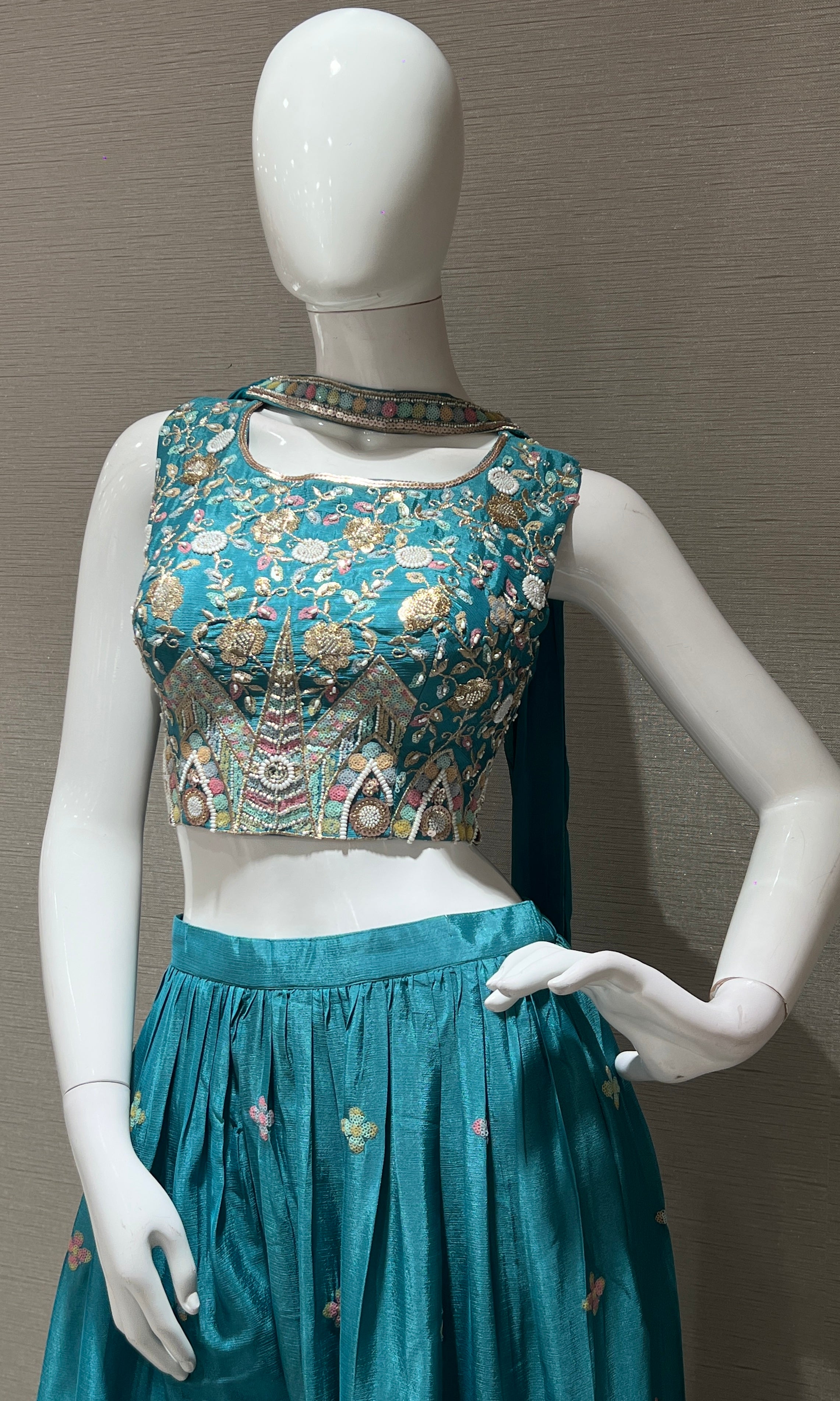 Sea Green Embroidered Crop Top Palazzo Set
