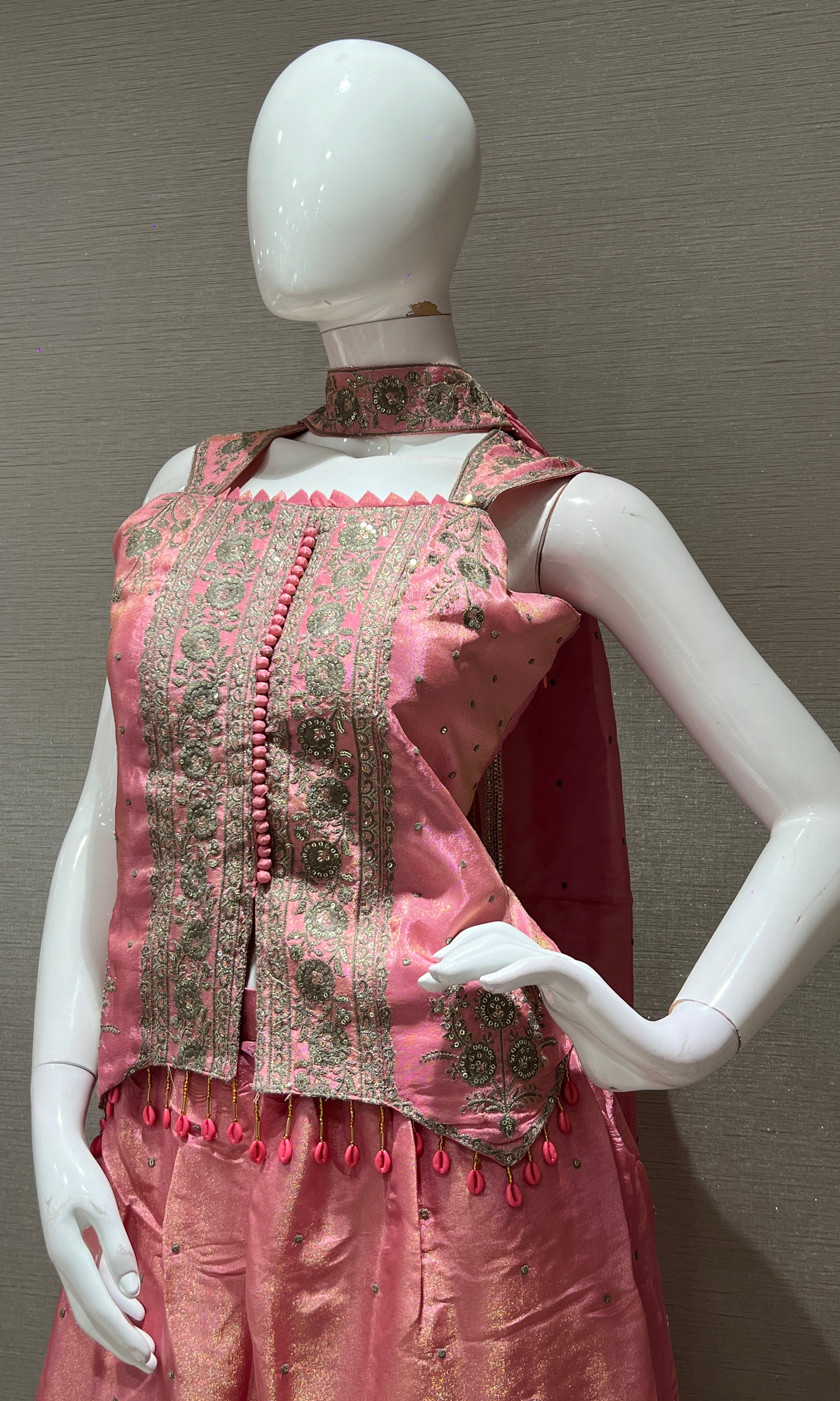 Pink shimmer tissue short blouse Palazzo set