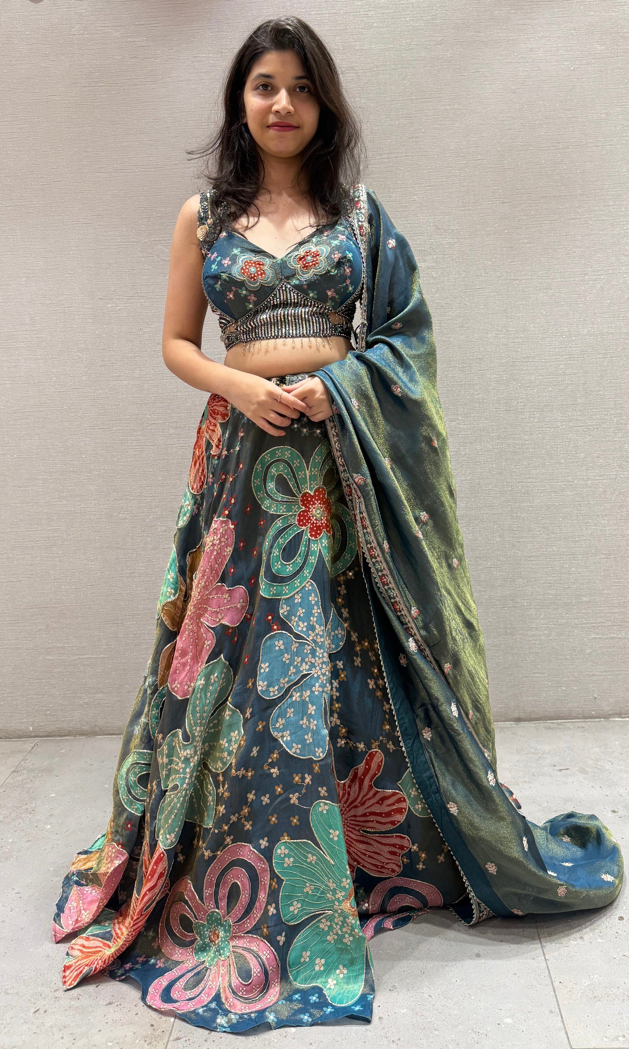 Teal Base Lehenga With Multicolour Floral Print