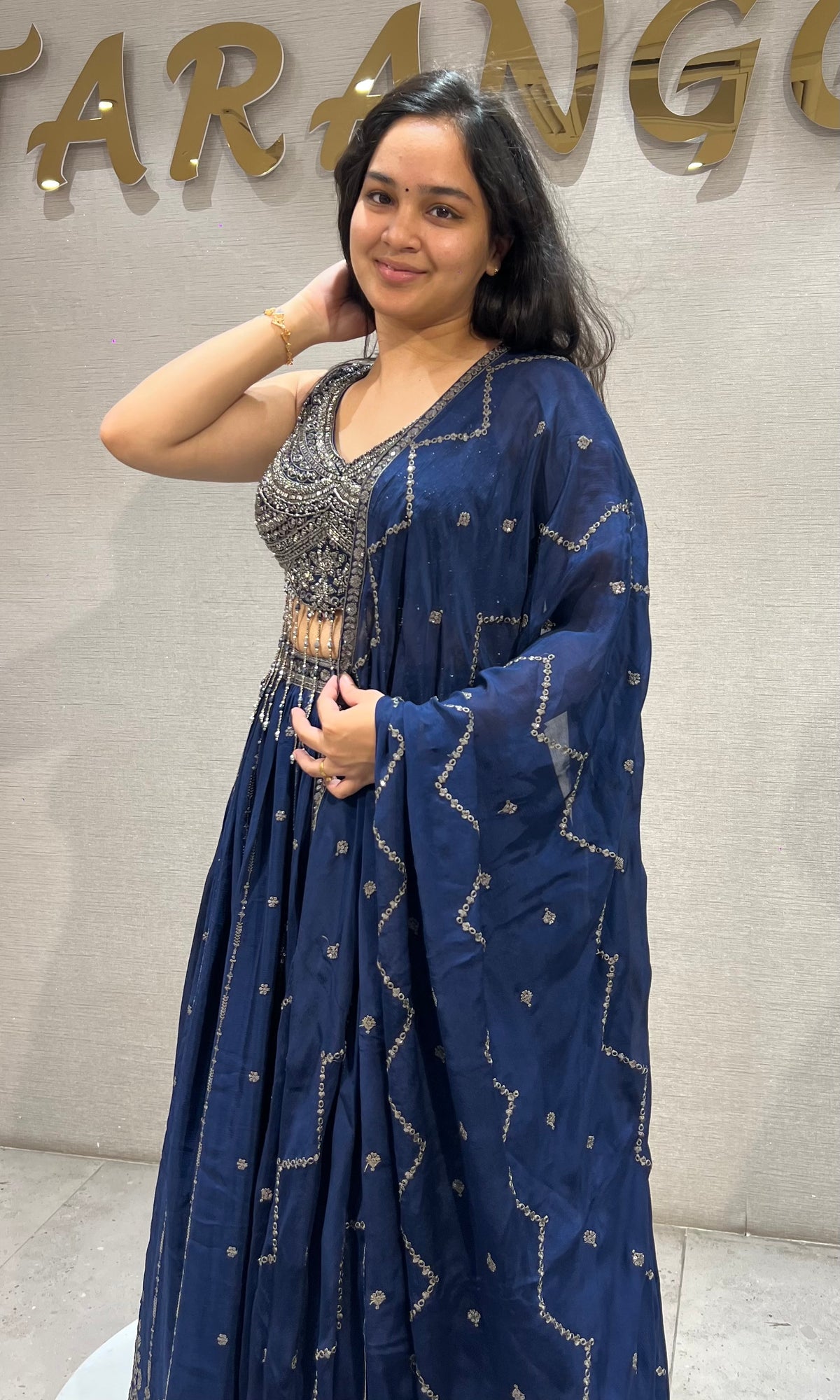 Navy Blue Velvet & Silk Embroidered Ensemble Lehenga