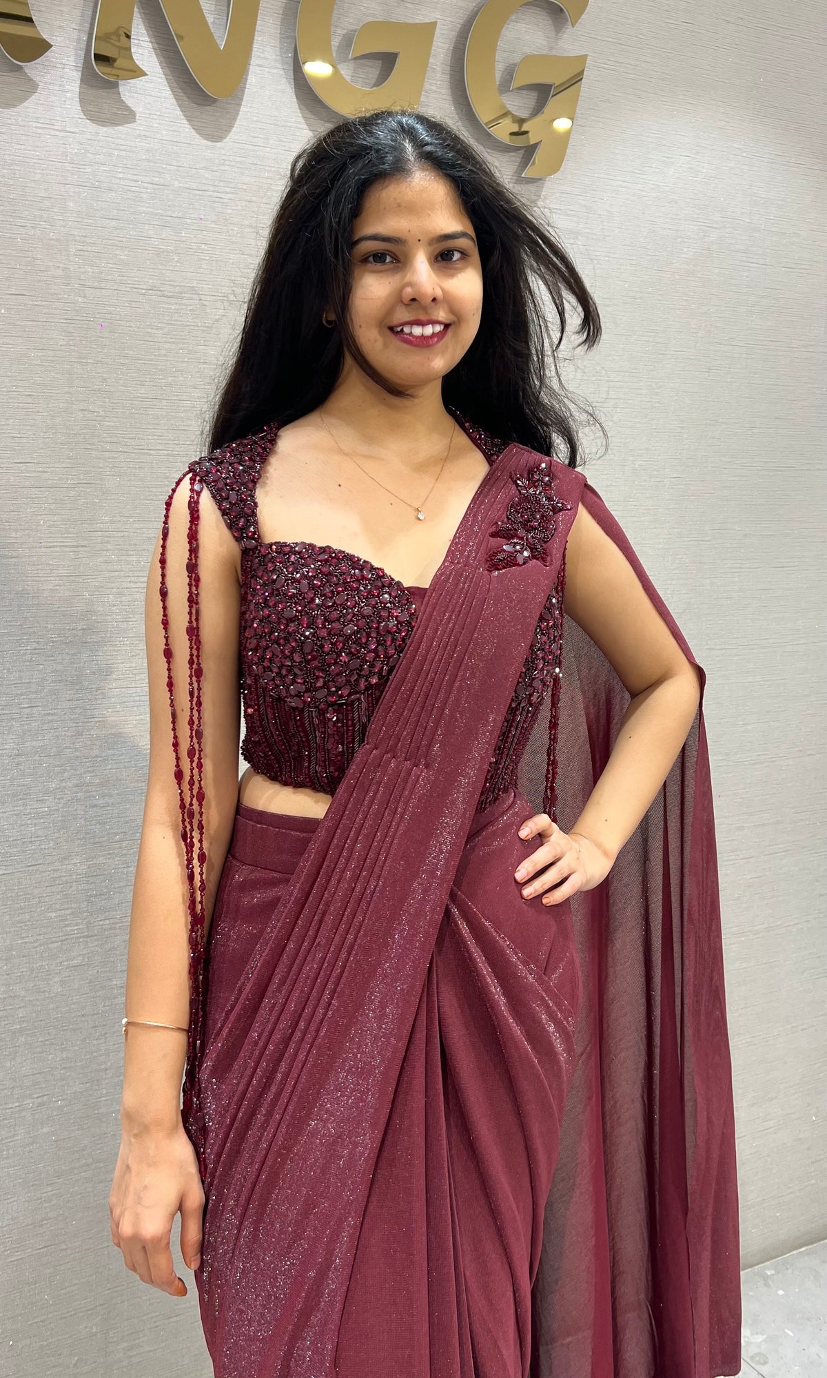 Wine Drape Saree with Embellished Blouse