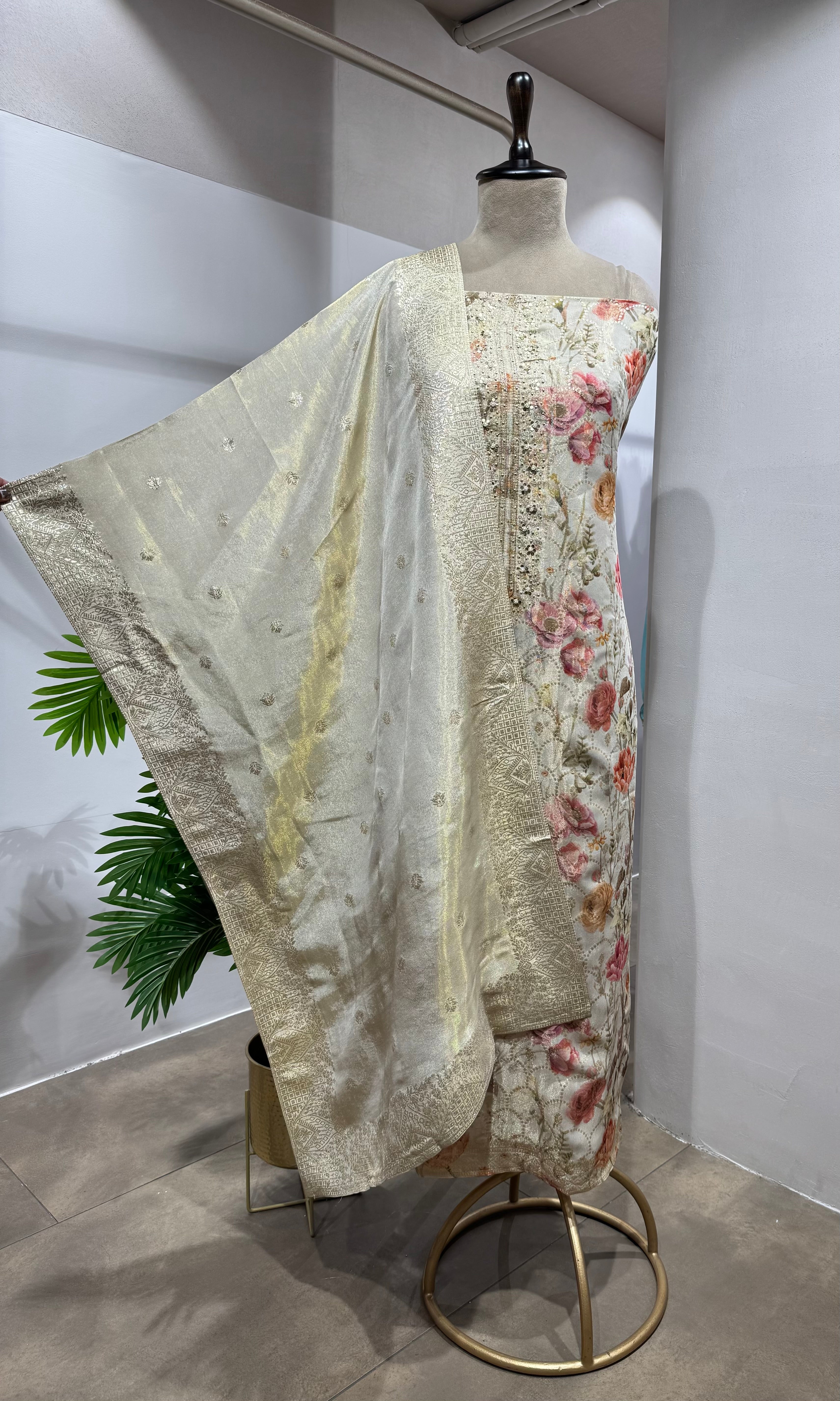 CREAM BANARASI SILK DRESS MATERIAL