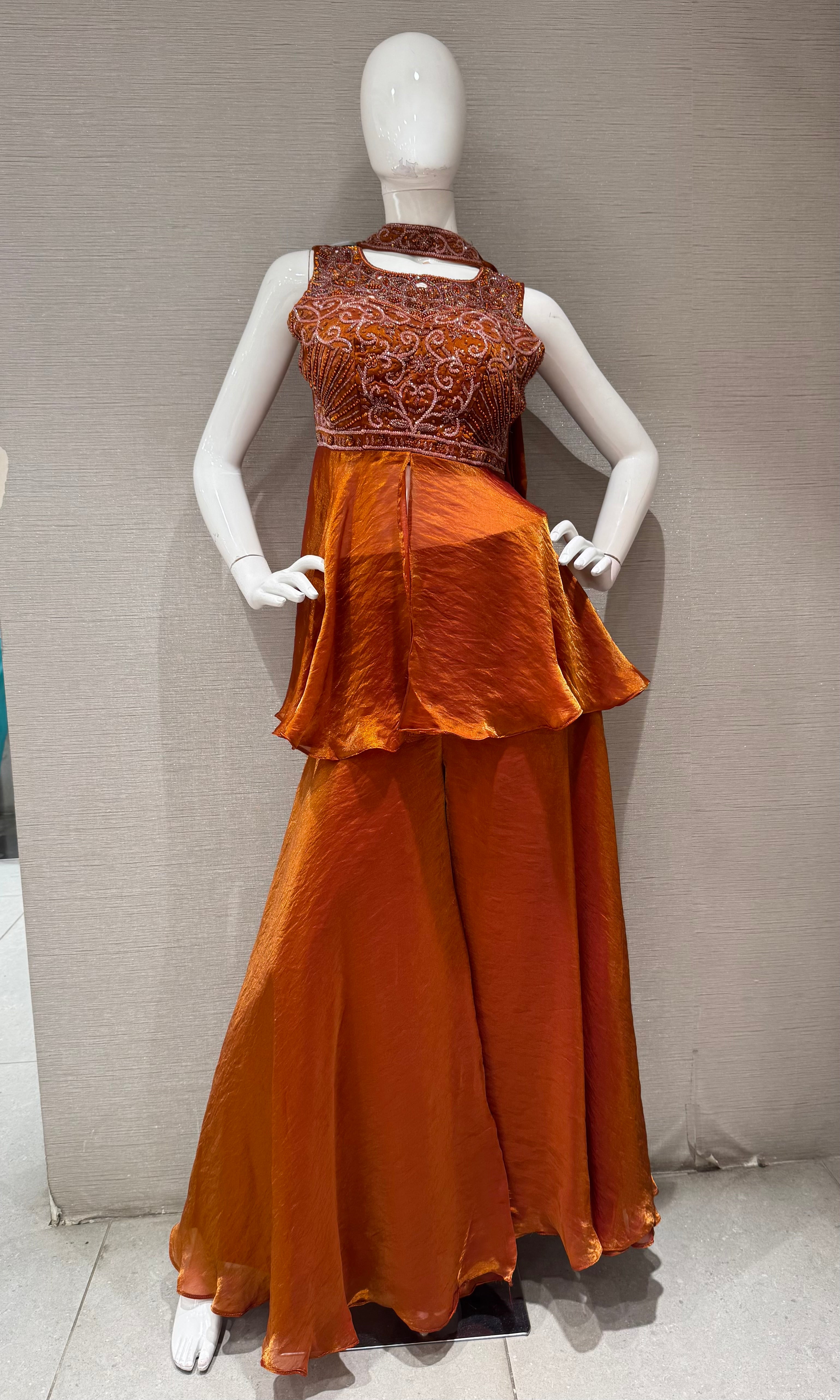 Rust Orange Embroidered Peplum Palazzo Set
