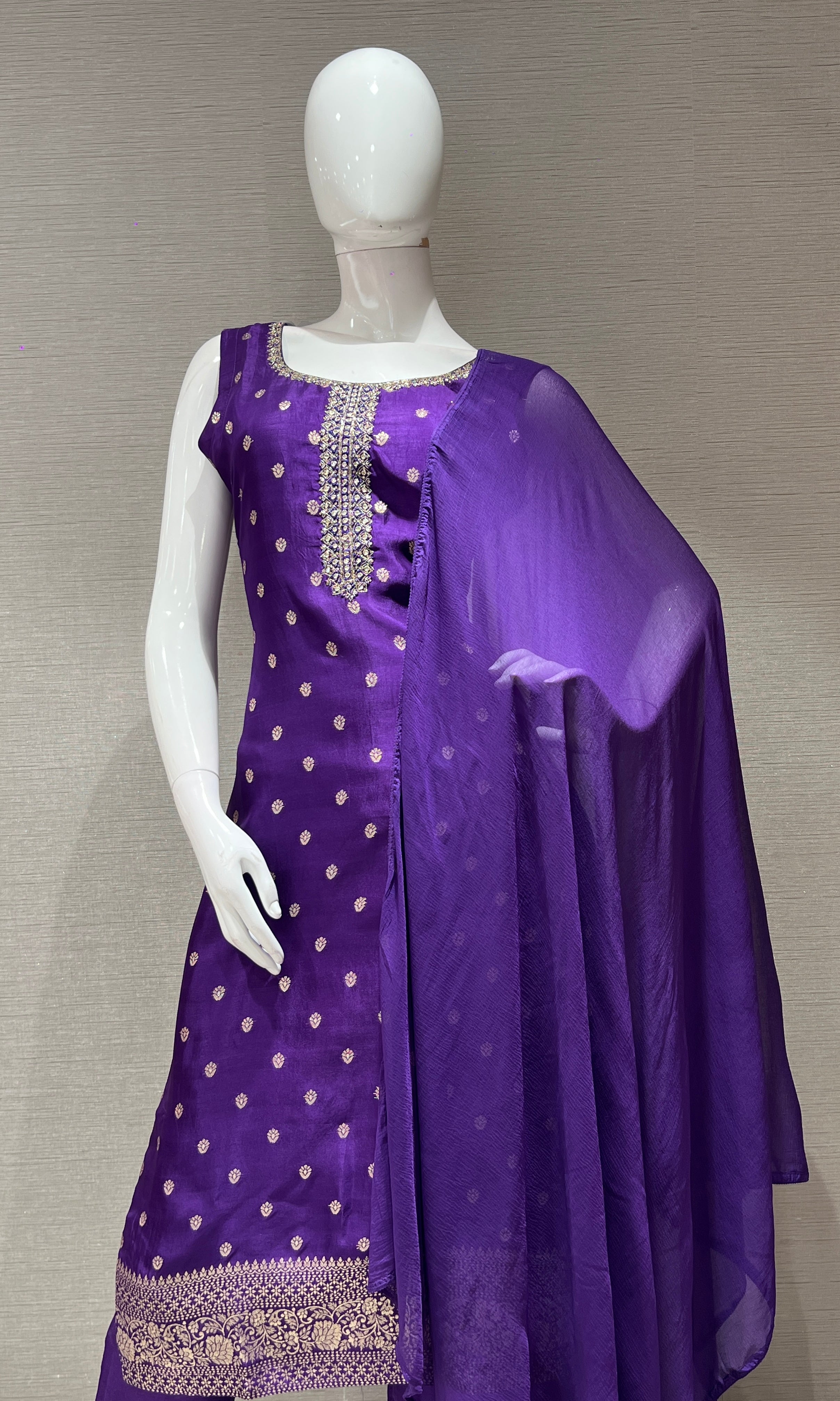 purple embroidered kurta set with dupatta