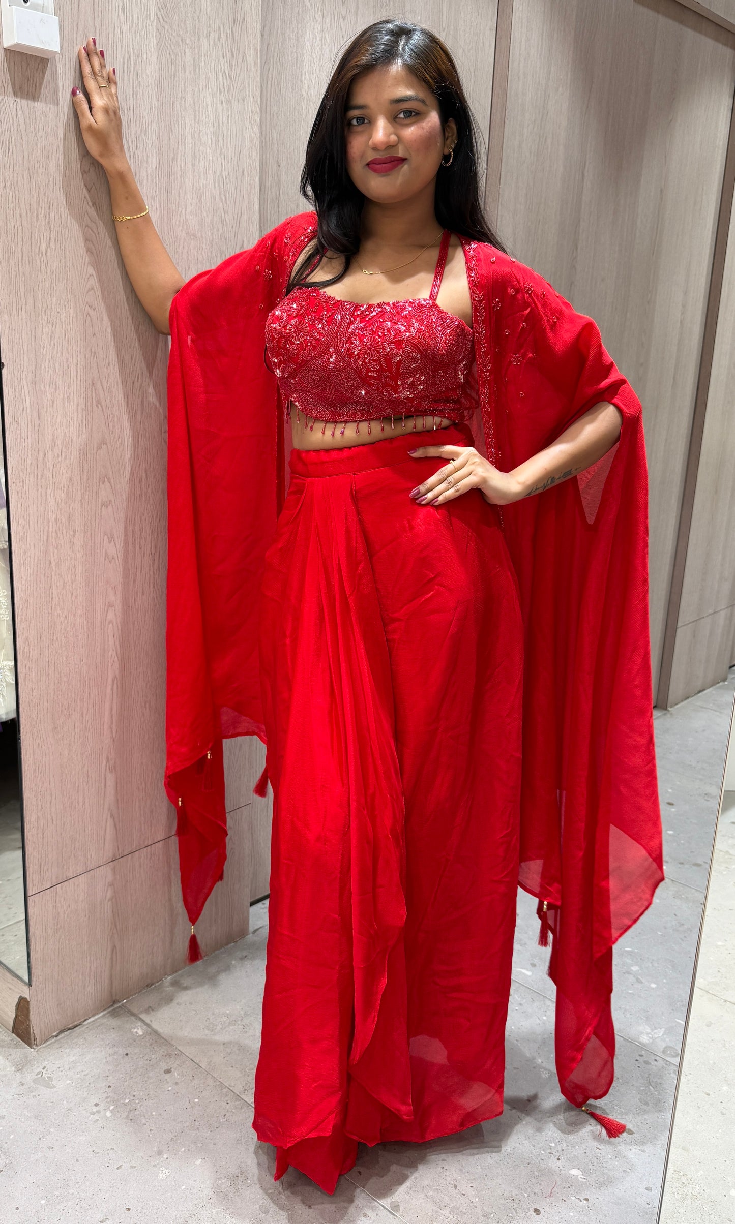 ❤️Red 3 piece Indo western dress with cape❤️