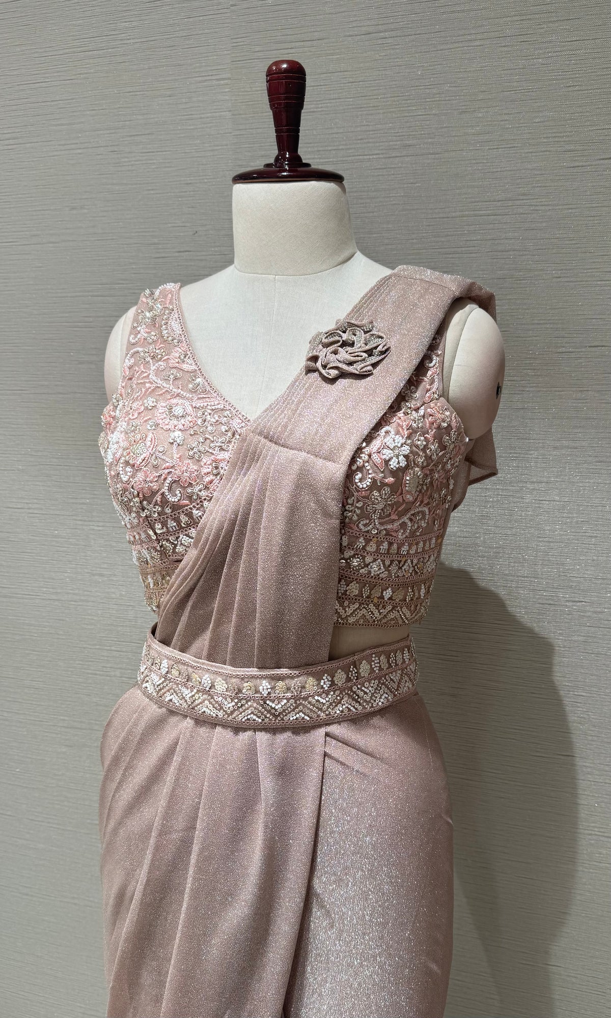 Rose Gold Shimmer Pre-Draped Saree With blouse & belt
